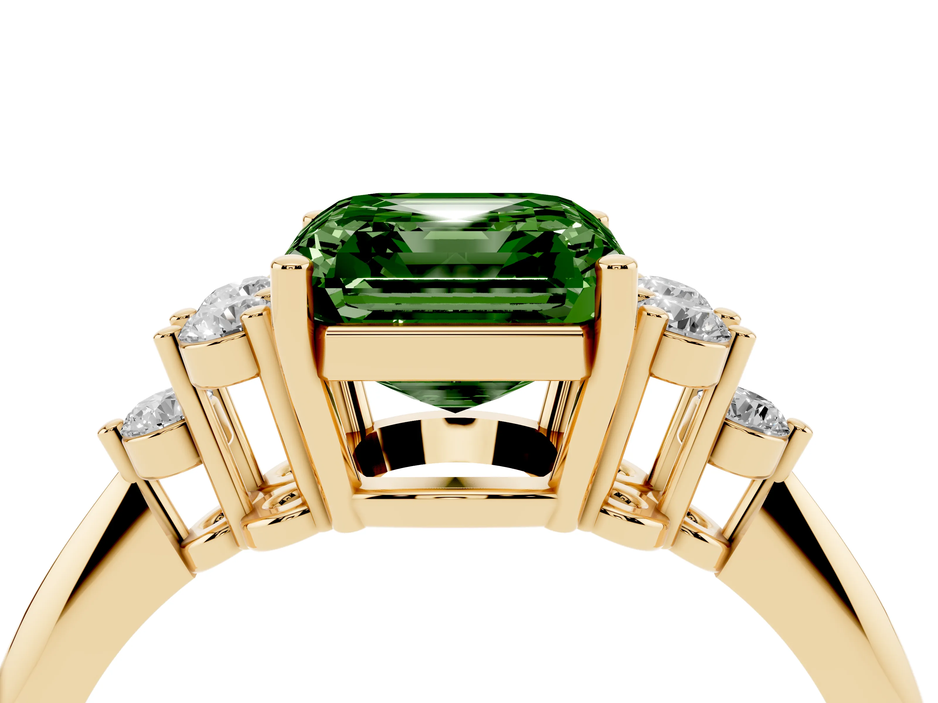 Fancy Green Asscher Cut Diamond Cluster Ring Set in Yellow gold with Plain Band and Prong Setting