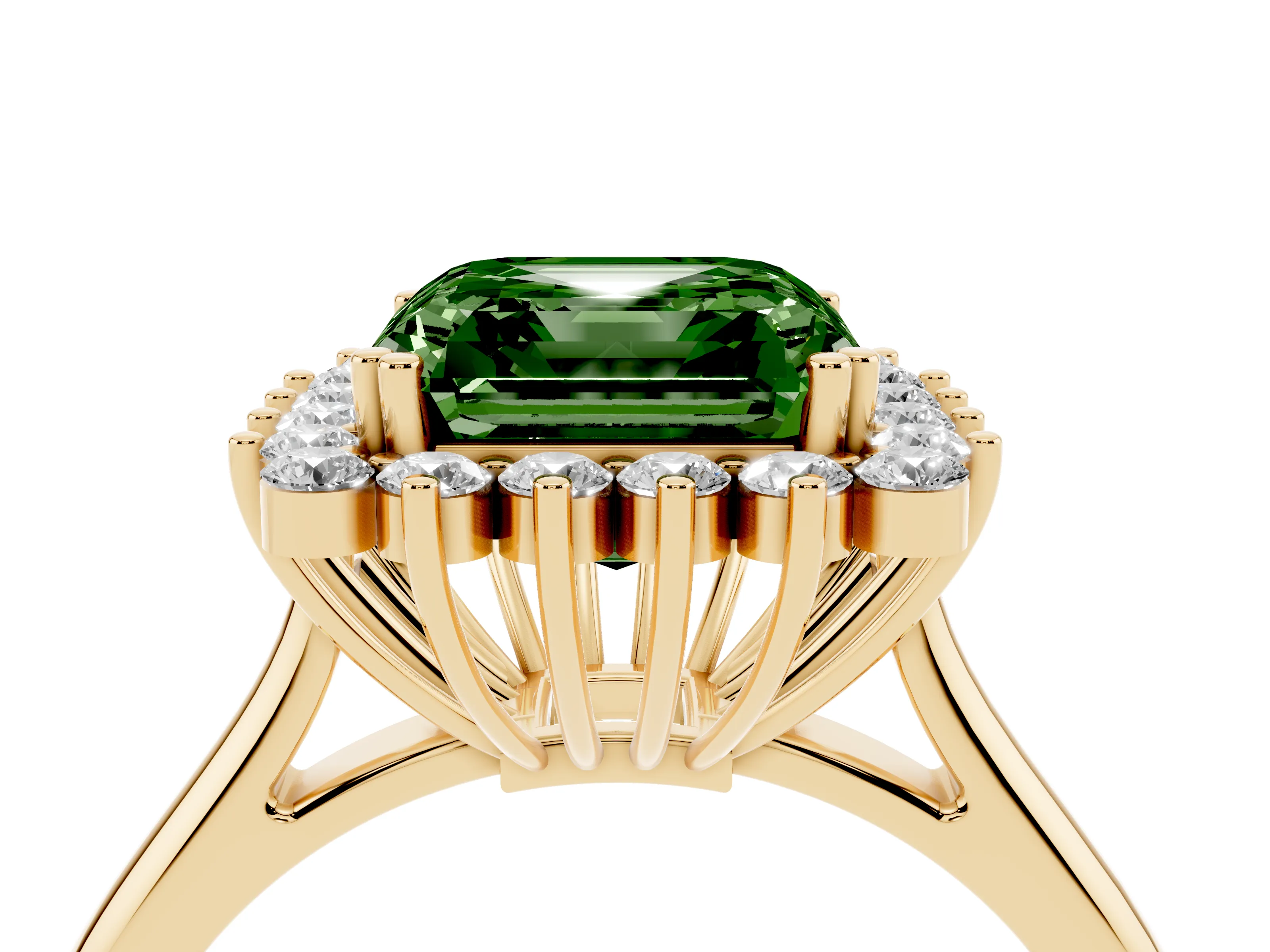 Fancy Green Asscher Cut Diamond Halo Ring Set in Yellow gold with Plain Solitaire Band and Prong Setting