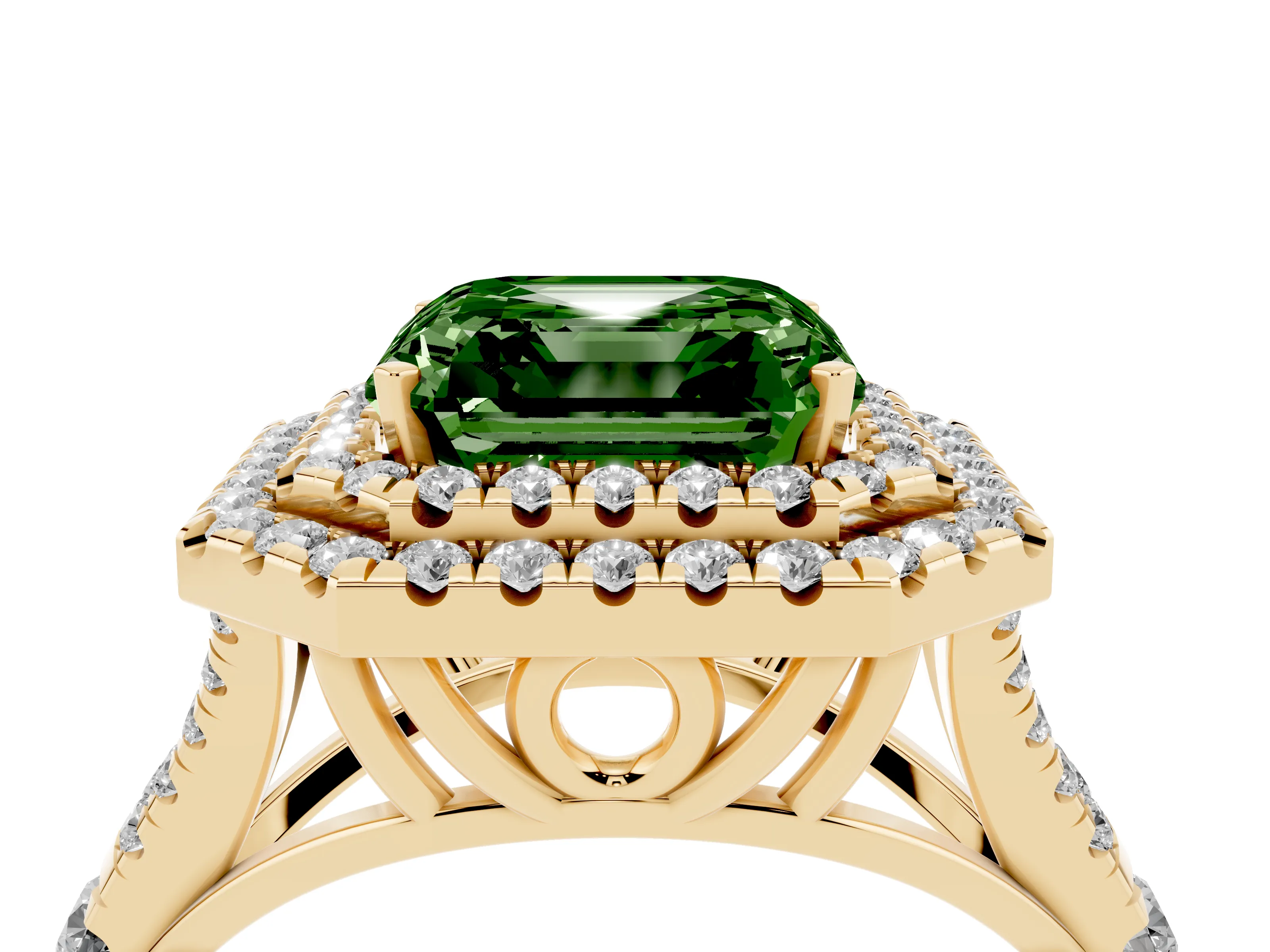 Fancy Green Asscher Cut Diamond Pavé Split Shank Double Halo Engagement Ring Set in Yellow gold