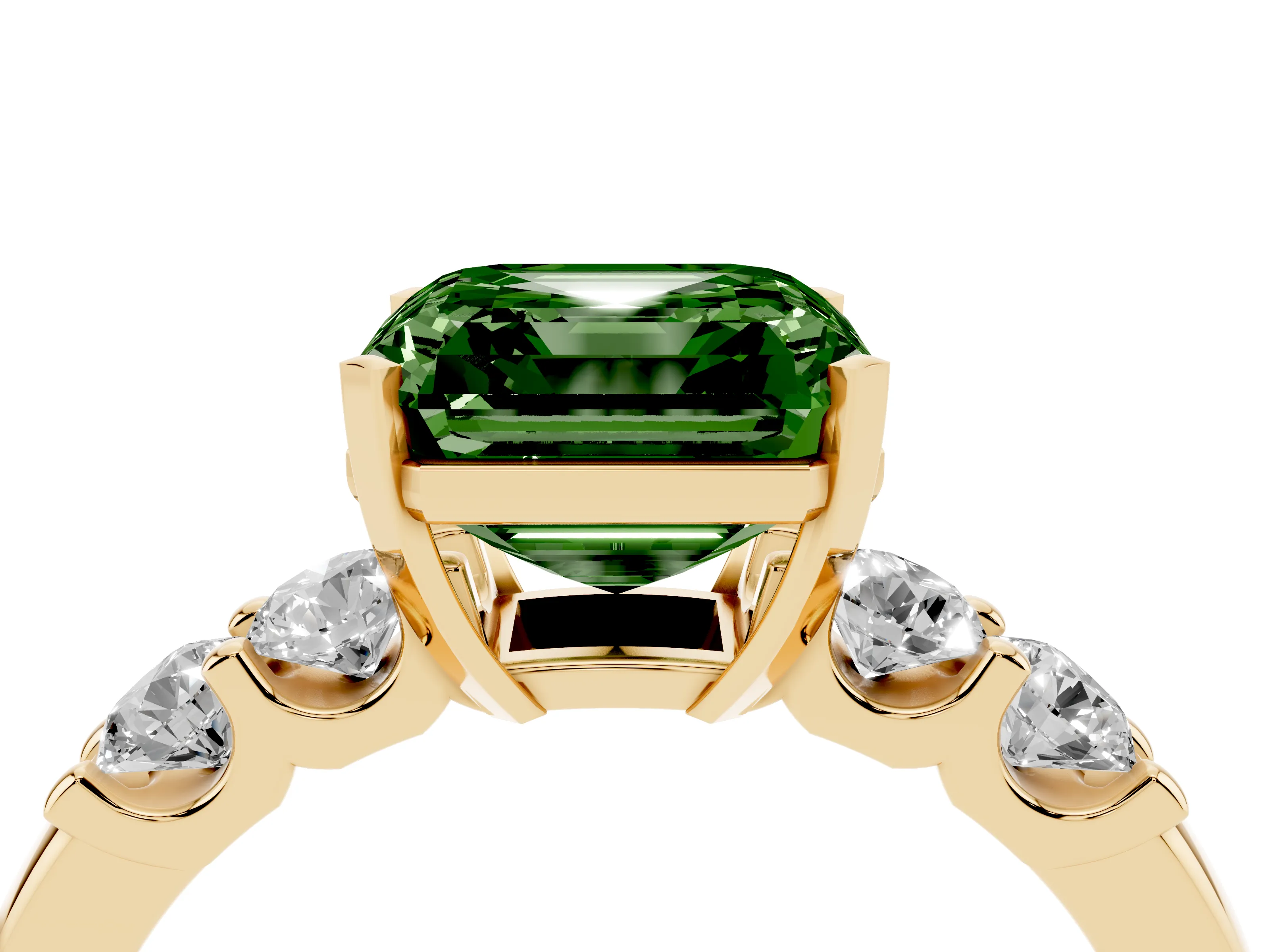 Fancy Green Asscher Cut Diamond Five-Stone Prong Set Engagement Ring Set in Yellow gold with Channel Band