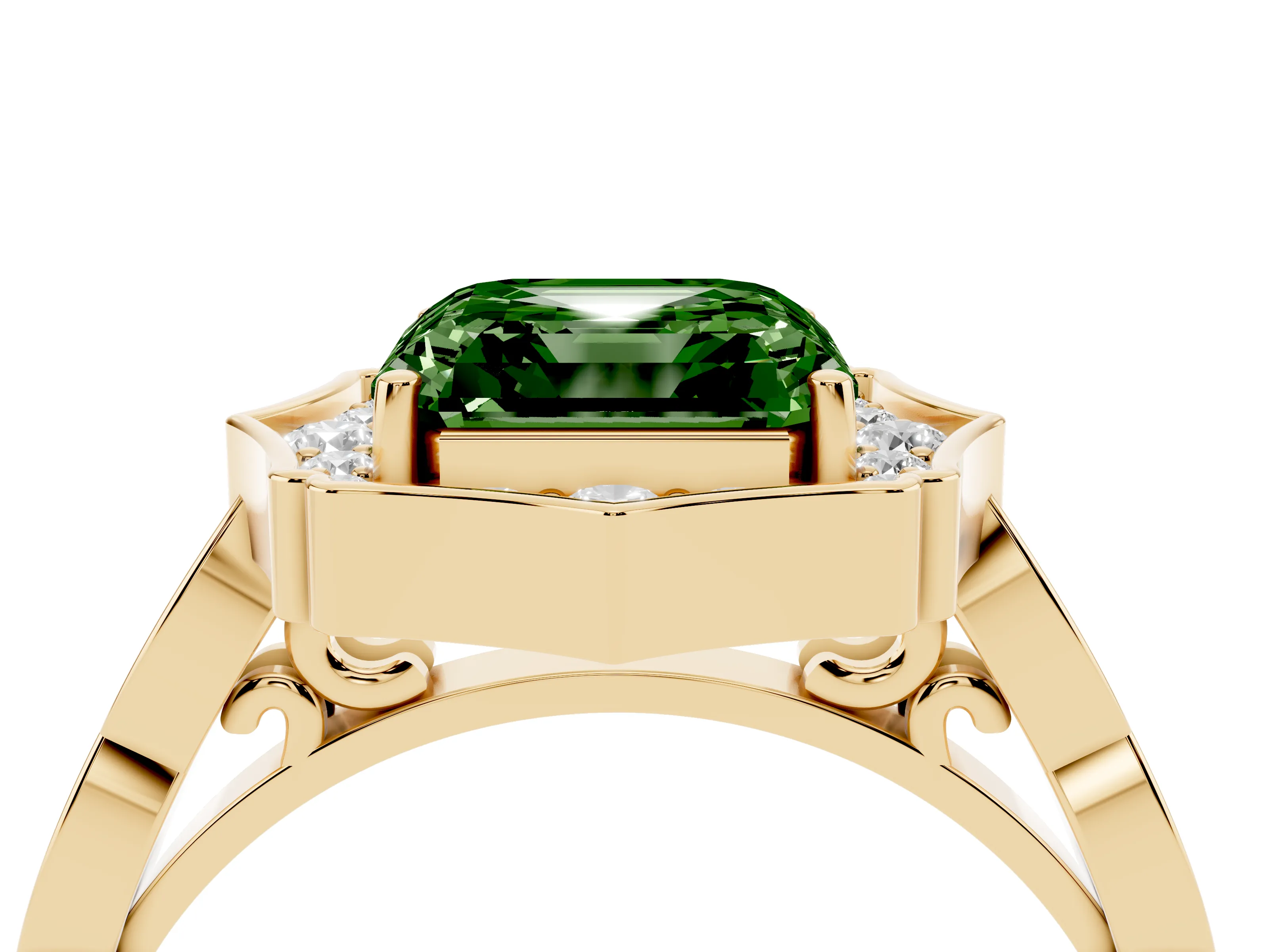 Fancy Green Asscher Cut Diamond Halo Engagement Ring Set in Yellow gold with Milgrain Band and Prong Setting