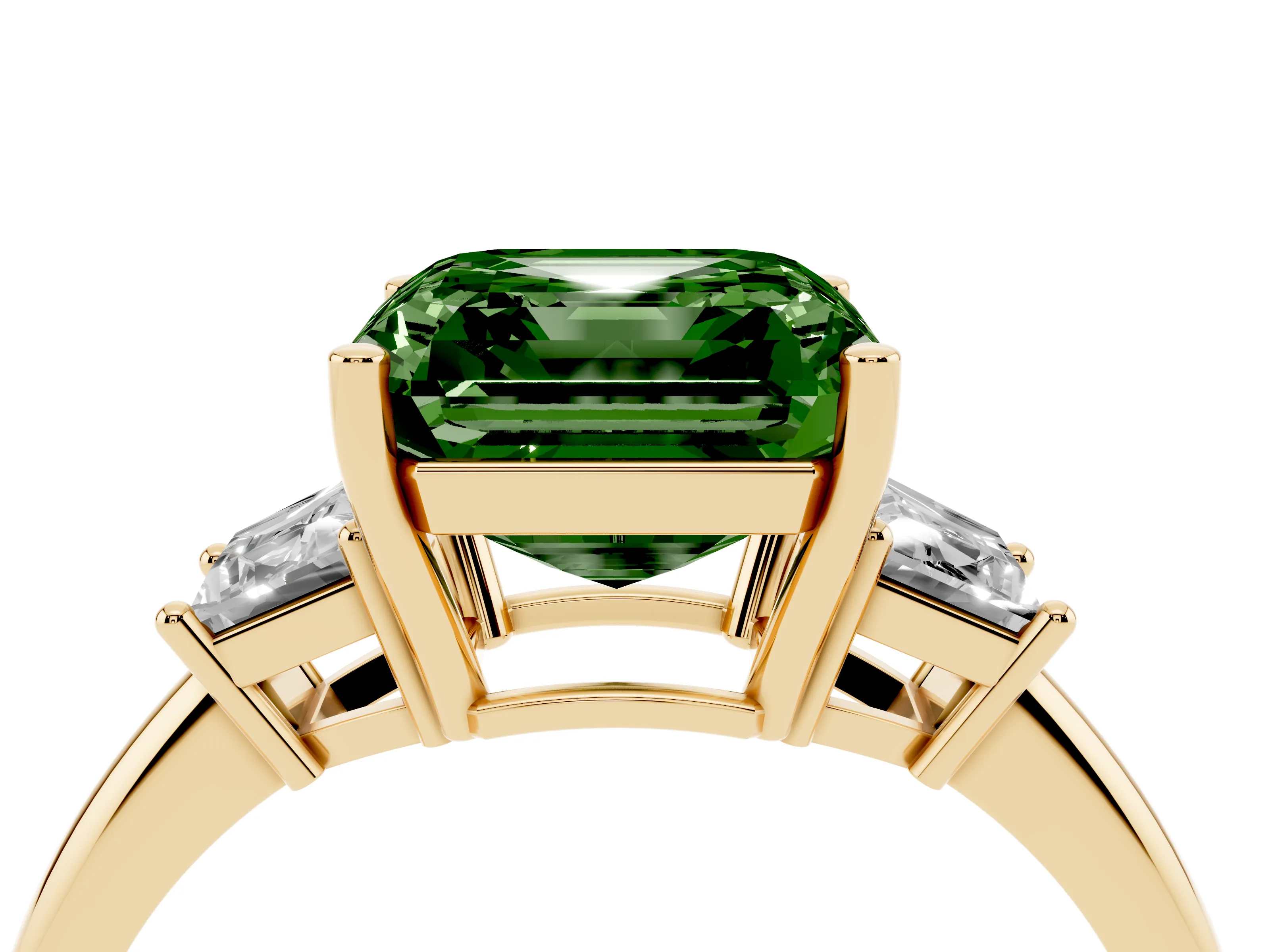 Fancy Green Asscher Cut Diamond Three-Stone Ring Set in Yellow gold with Trapezoid Side Stones and Prong Setting
