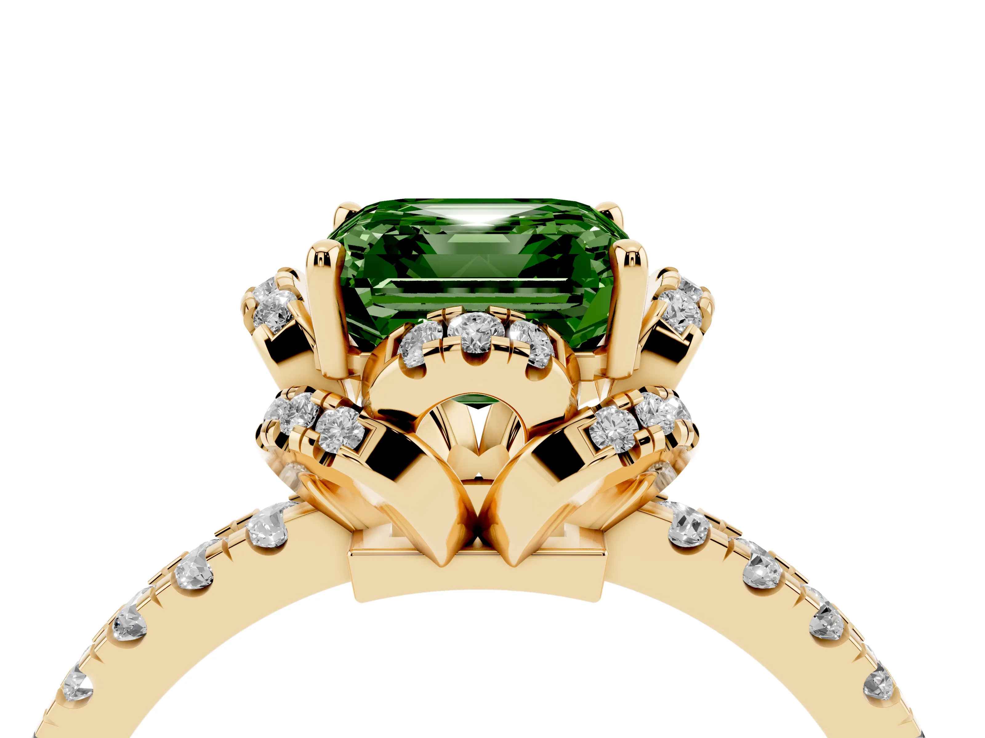 Fancy Green Asscher Cut Diamond Halo Pavé Band Ring Set in Yellow gold with Prong-Held Center