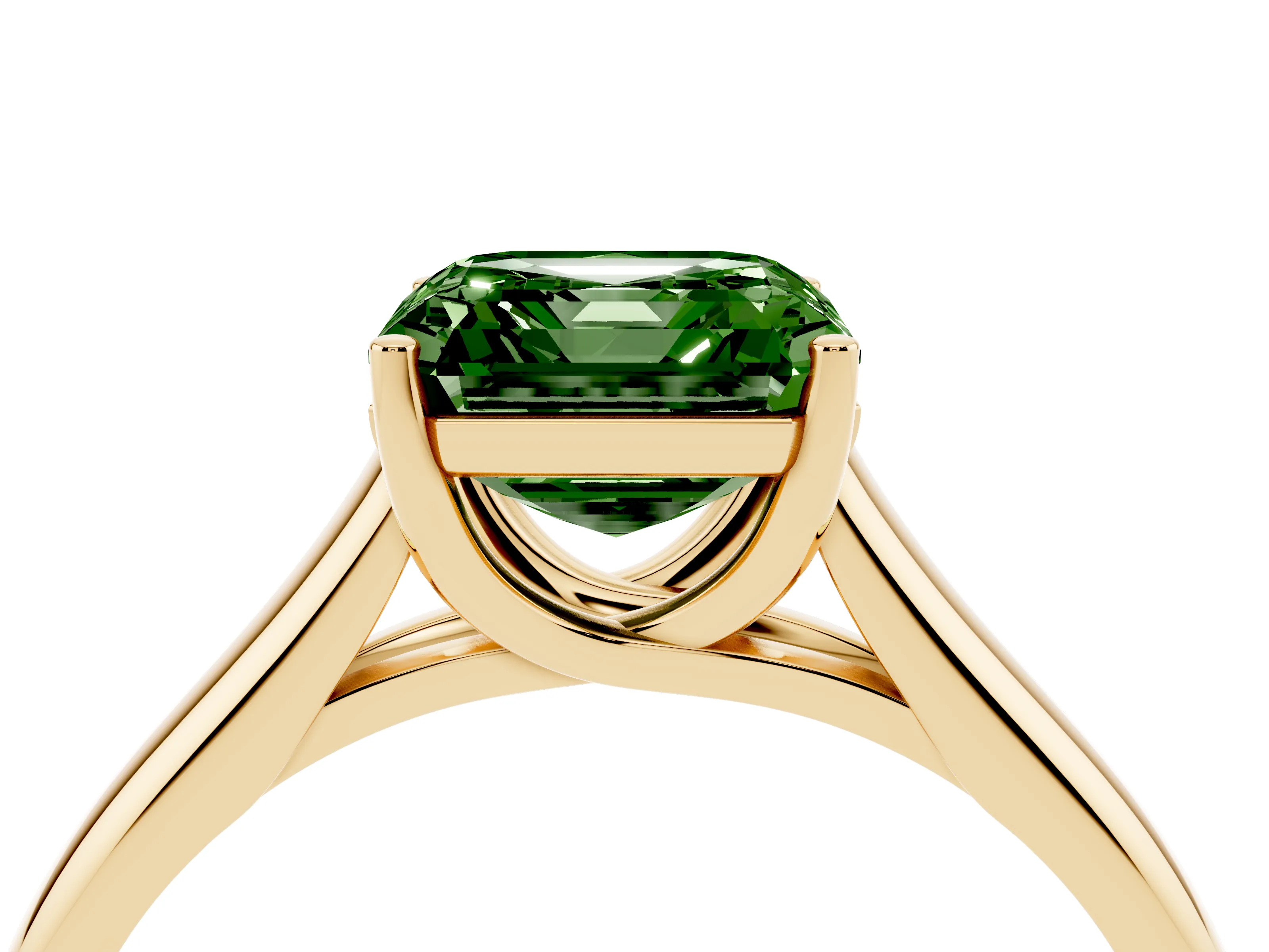 Fancy Green Asscher Cut Diamond Solitaire Engagement Ring Set in Yellow gold with Subtly Tapered Band and Prong Setting