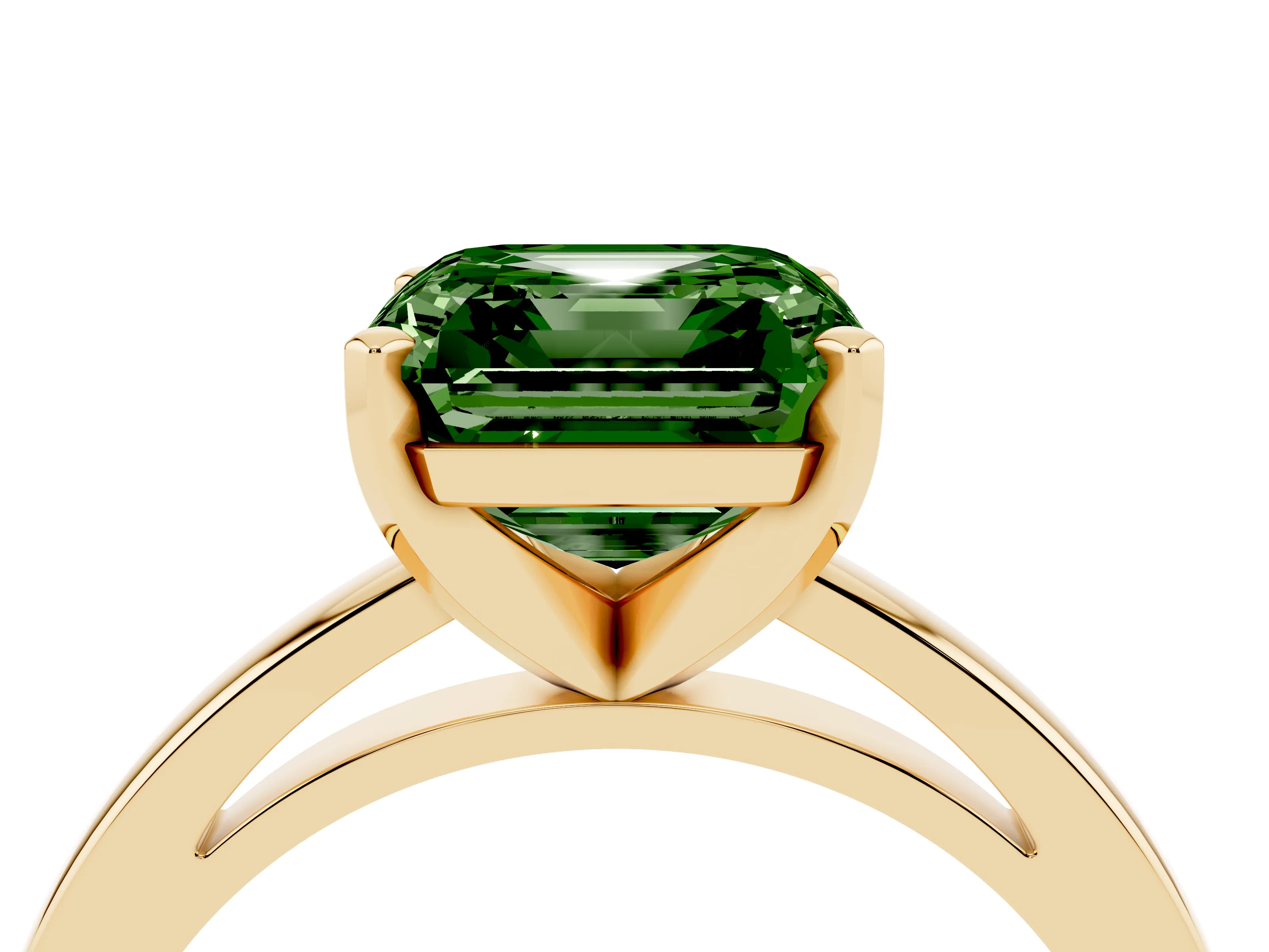 Fancy Green Asscher Cut Diamond Solitaire Engagement Ring Set in Yellow gold with Prong Setting on a Classic Band