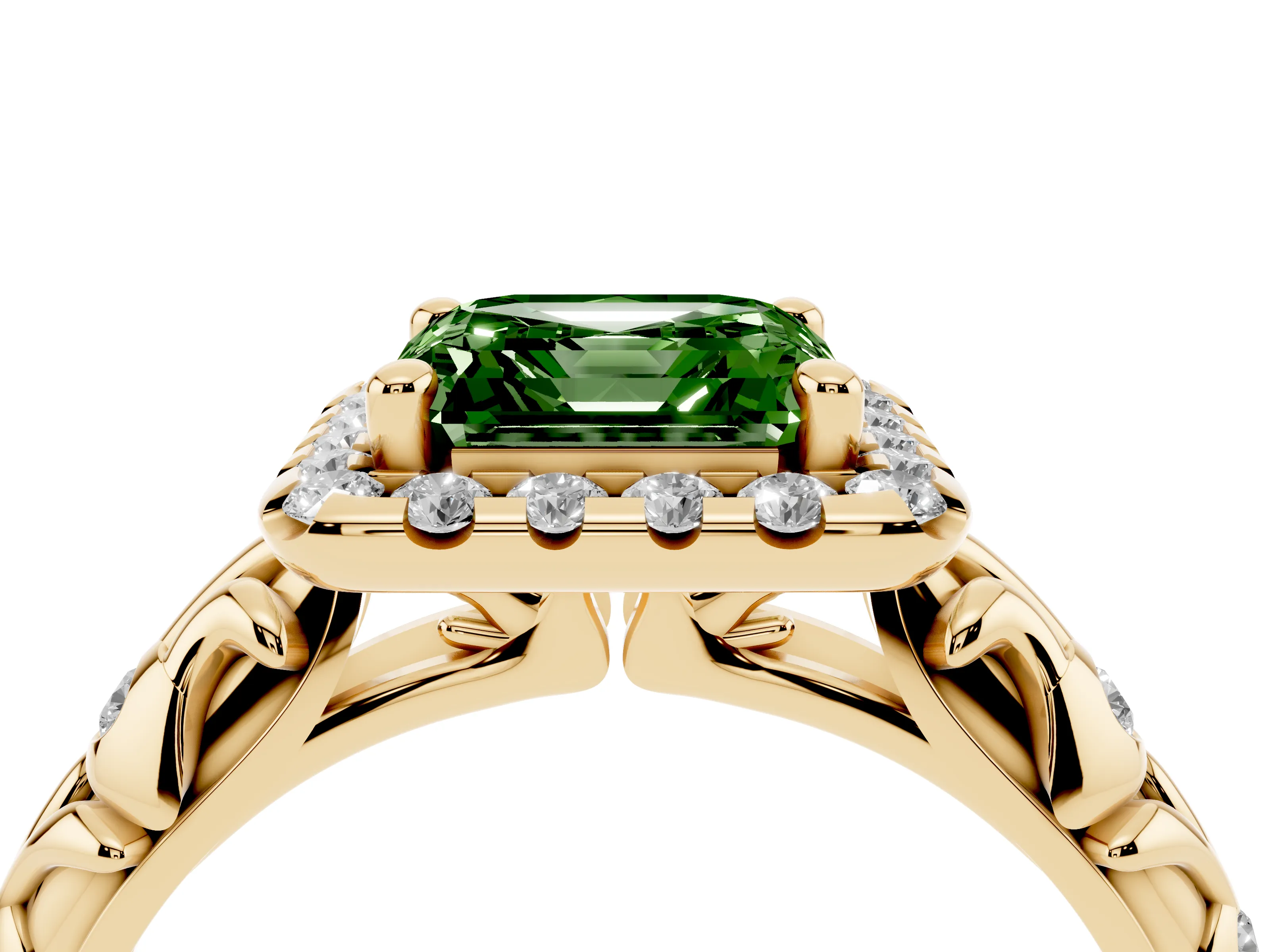 Fancy Green Asscher Cut Diamond Halo Ring Set in Yellow gold with Filigree Leaf Band and Prong Setting