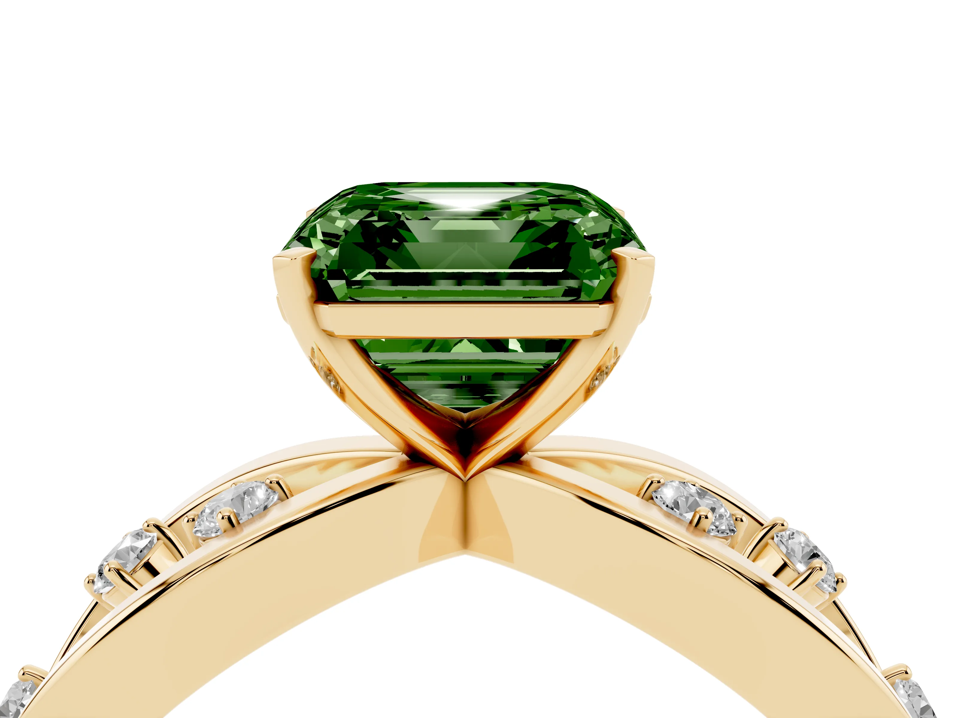 Fancy Green Asscher Cut Diamond Solitaire Ring Set in Yellow gold with Side Stones on Criss-Cross Band and Prong Setting