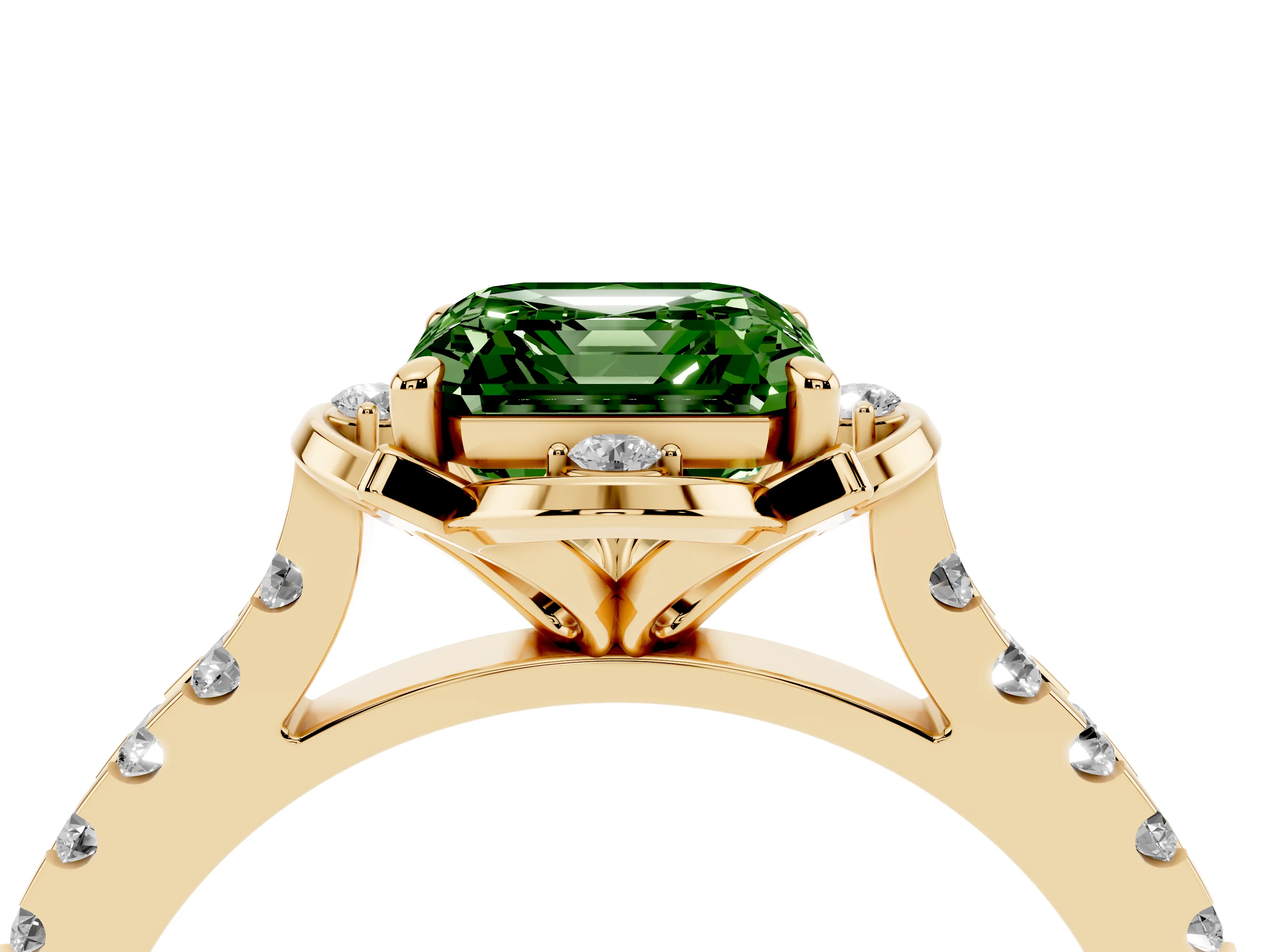 Fancy Green Asscher Cut Diamond Solitaire Ring Set in Yellow gold with Pavé Band and Floral Prong Setting