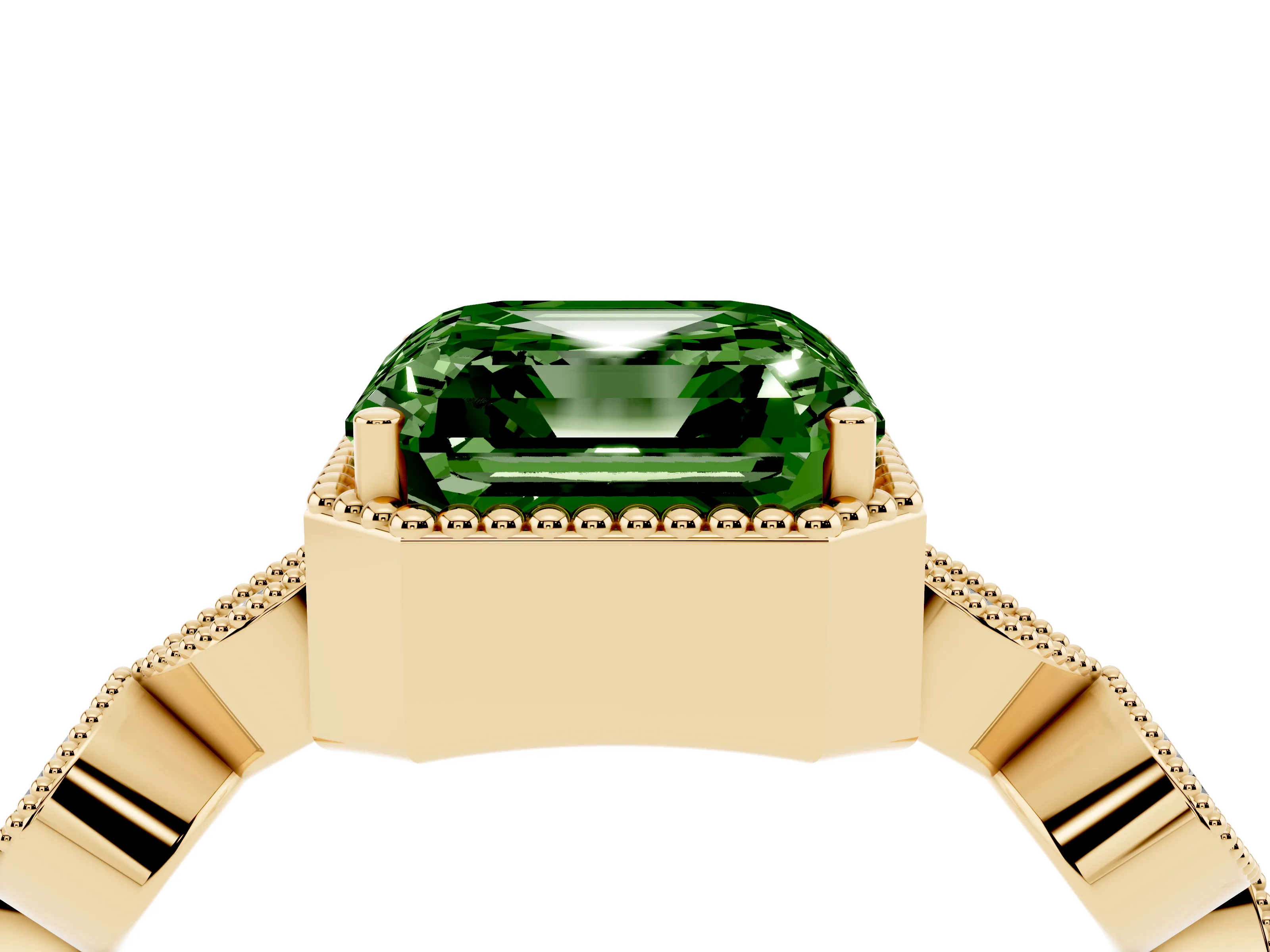 Fancy Green Asscher Cut Diamond Vintage-Inspired Milgrain Ring Set in Yellow gold with Marquise Stations of Round Accents