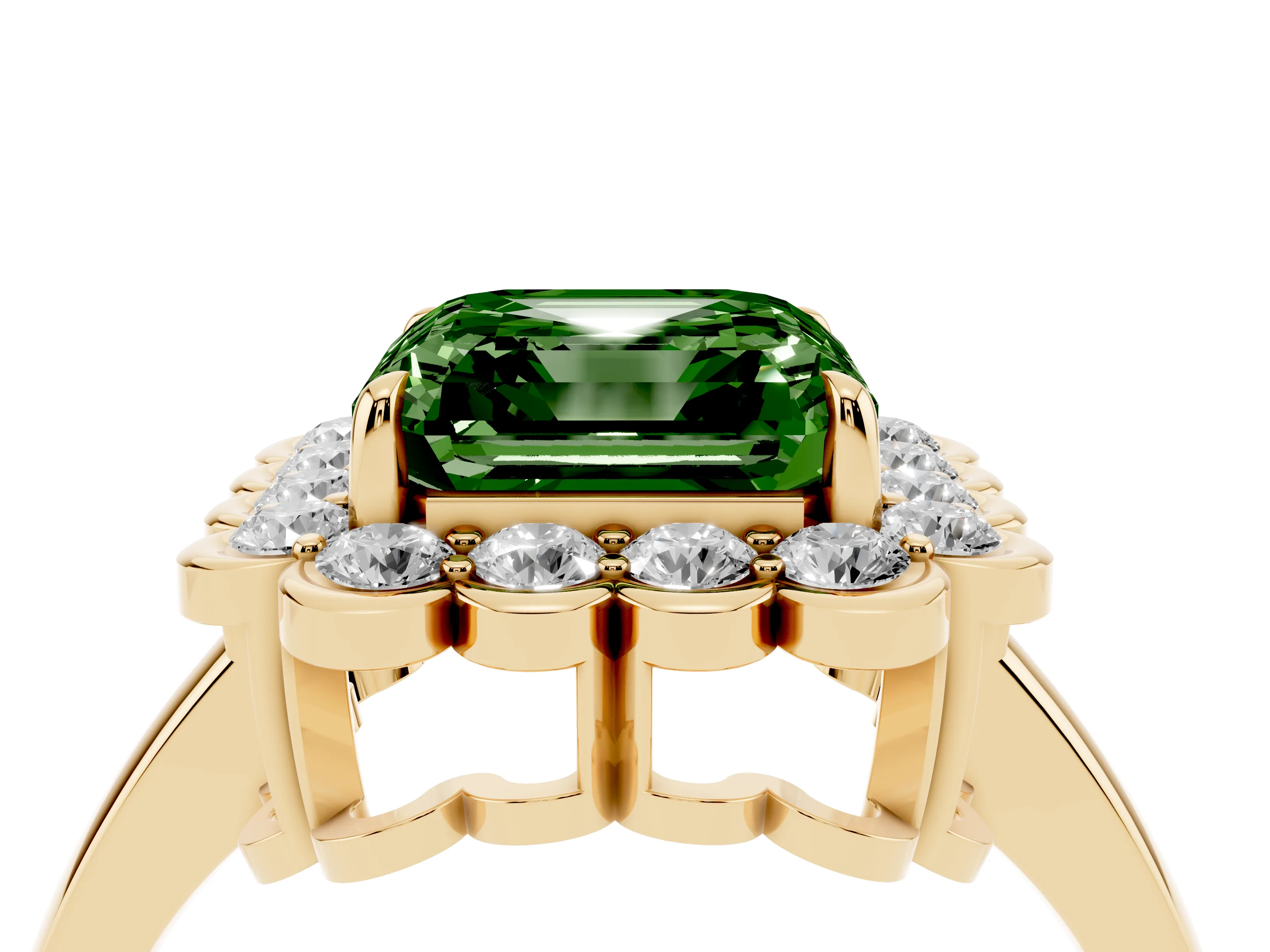 Fancy Green Asscher Cut Diamond Halo Cluster Engagement Ring Set in Yellow gold with Solitaire Band and Prong Setting