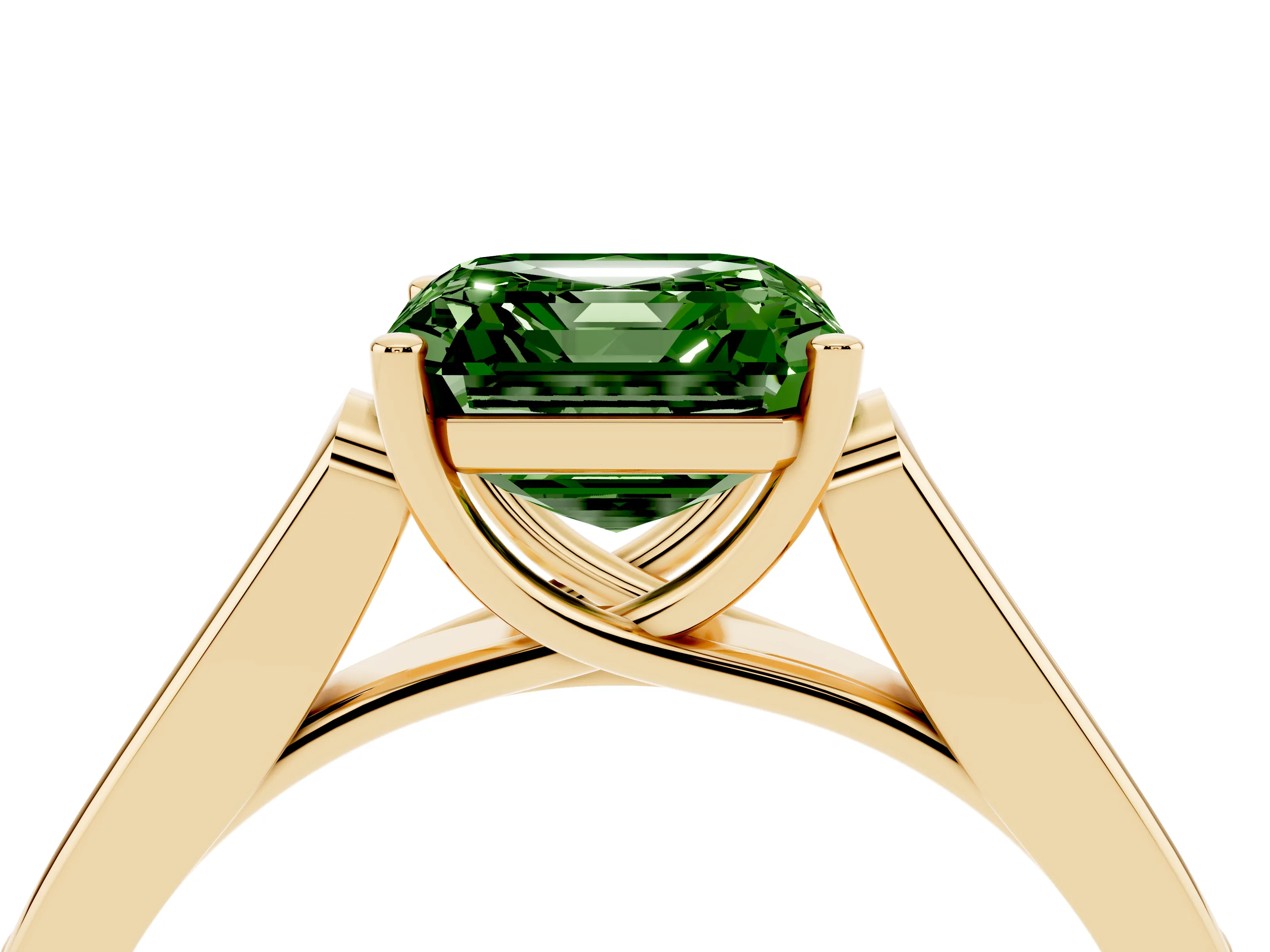 Fancy Green Asscher Cut Diamond Solitaire Cathedral Engagement Ring Set in Yellow gold with Channel-Set Band and Prong Setting