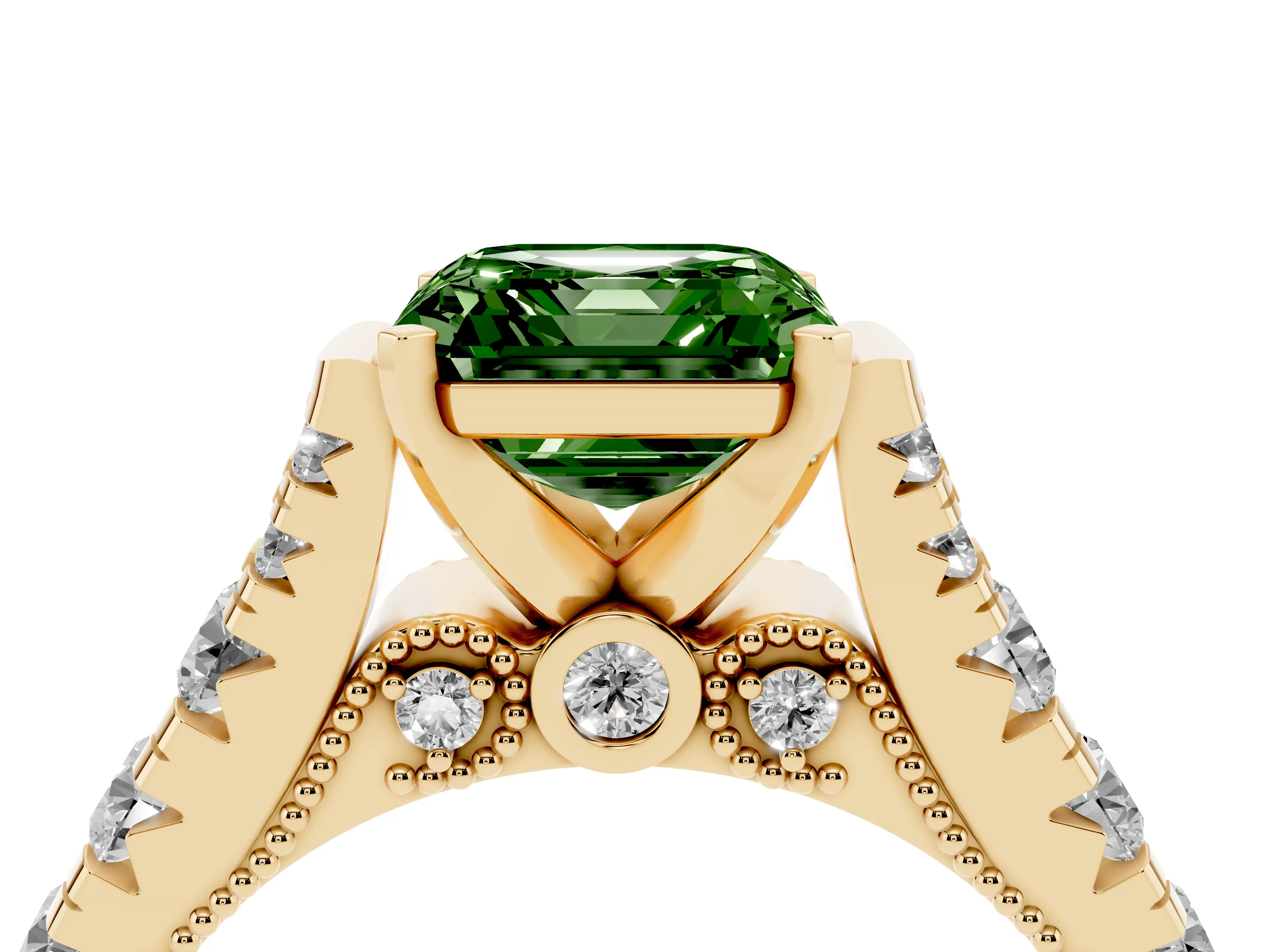 Fancy Green Asscher Cut Diamond Classic Solitaire Ring Set in Yellow gold with Pavé Band and Prong Setting