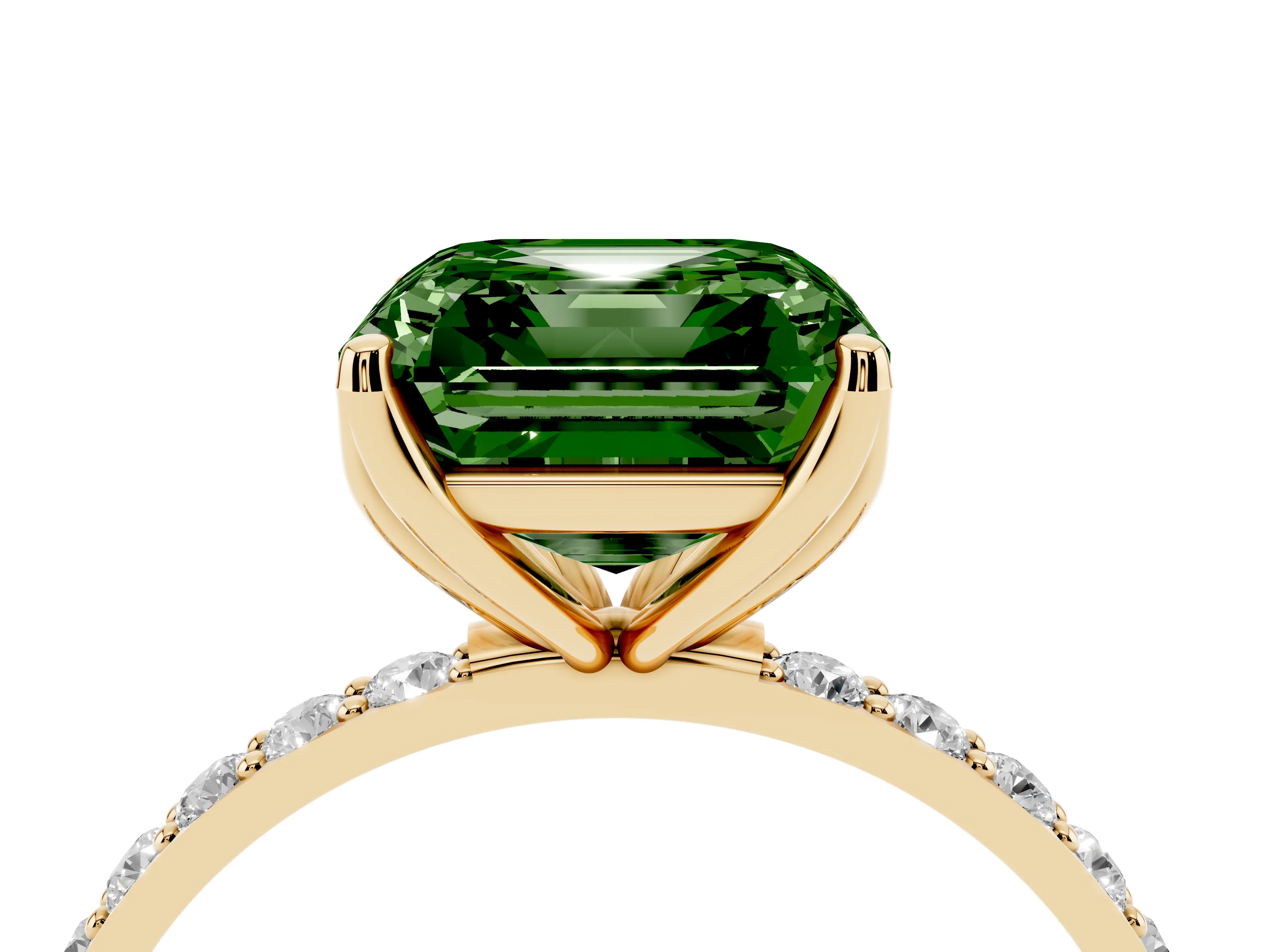 Fancy Green Asscher Cut Diamond Solitaire Engagement Ring Set in Yellow gold with Round Pavé Band and Prong Setting