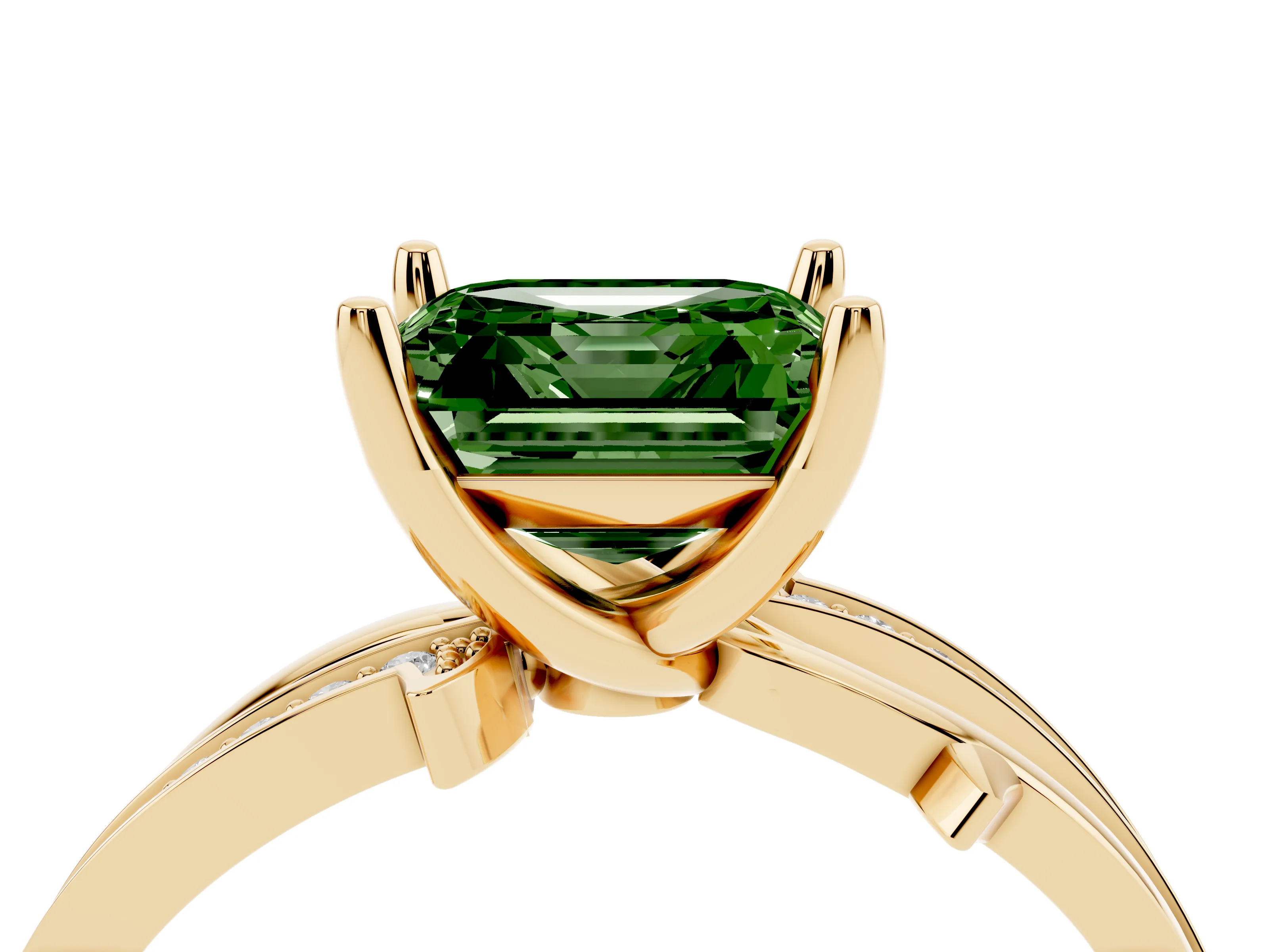 Fancy Green Asscher Cut Diamond Pavé Twist Band Solitaire Ring Set in Yellow gold with Prong Setting