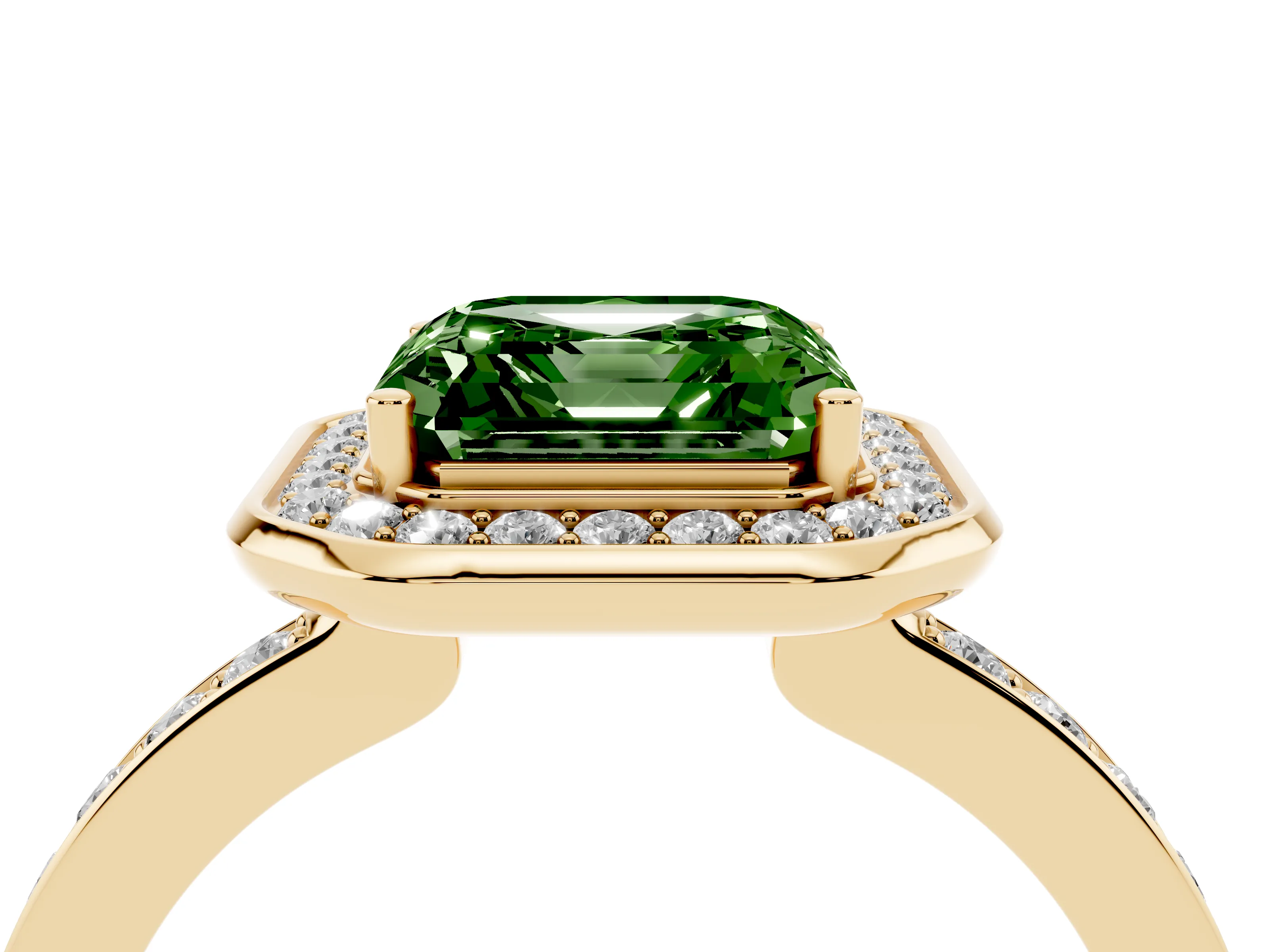 Fancy Green Asscher Cut Diamond Halo Ring Set in Yellow gold with Bezel Frame and Pavé Band