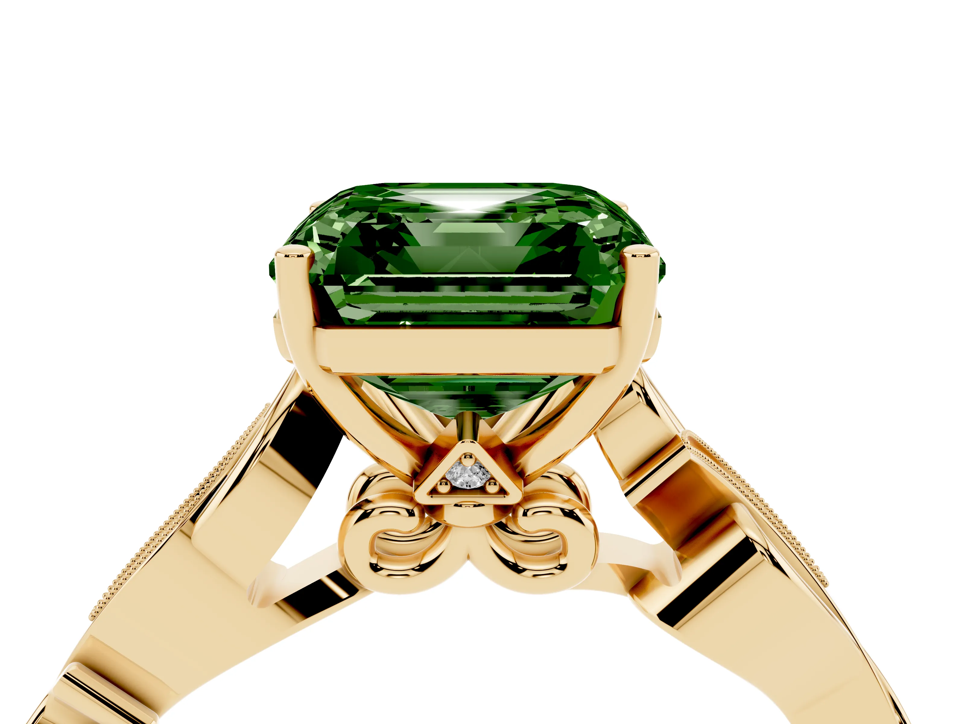 Fancy Green Asscher Cut Diamond Vine Band Solitaire Ring Set in Yellow gold with Milgrain Prong Setting