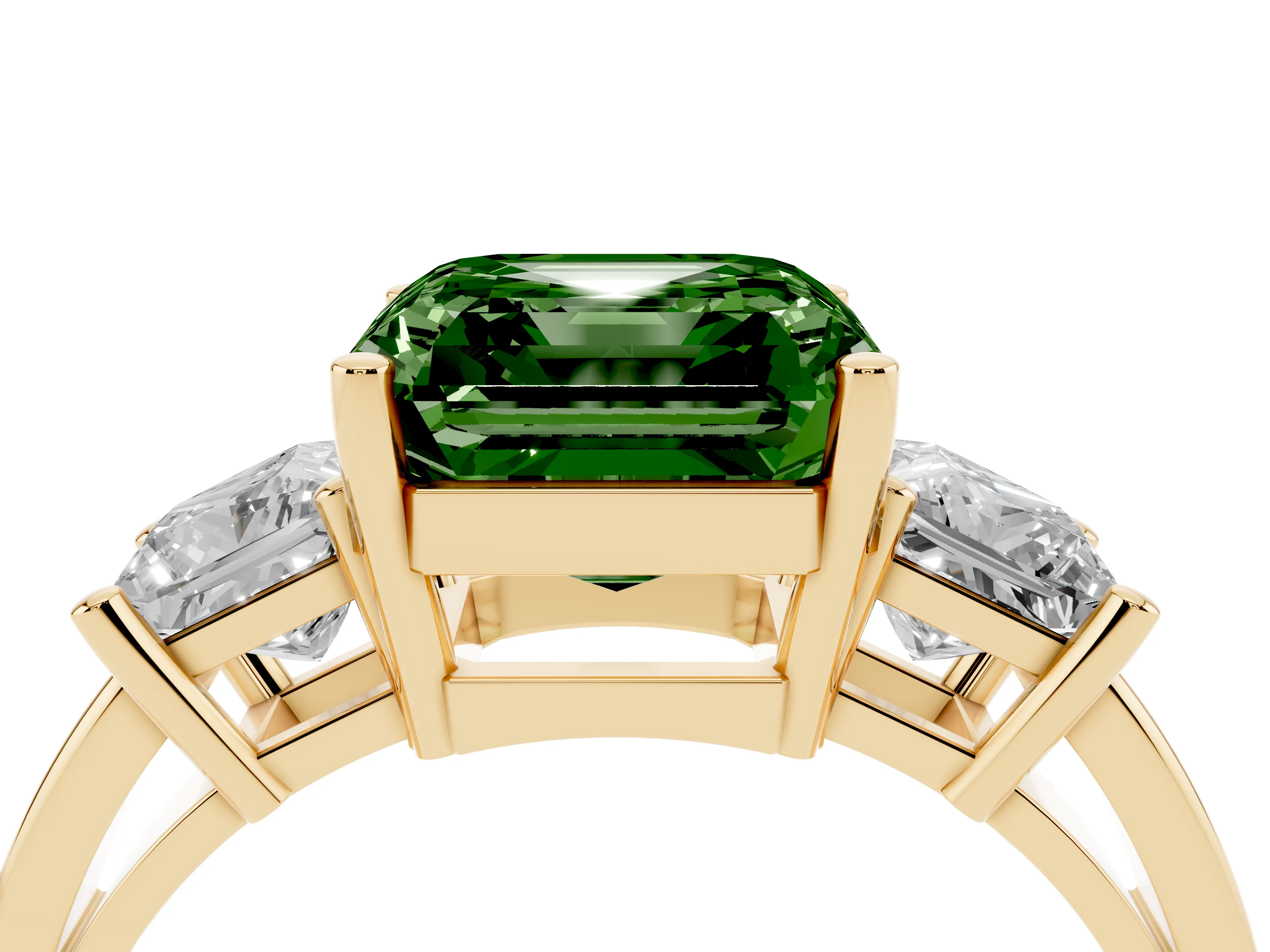 Fancy Green Three-Stone Asscher Cut Diamond Solitaire Ring Set in Yellow gold with Prong Setting