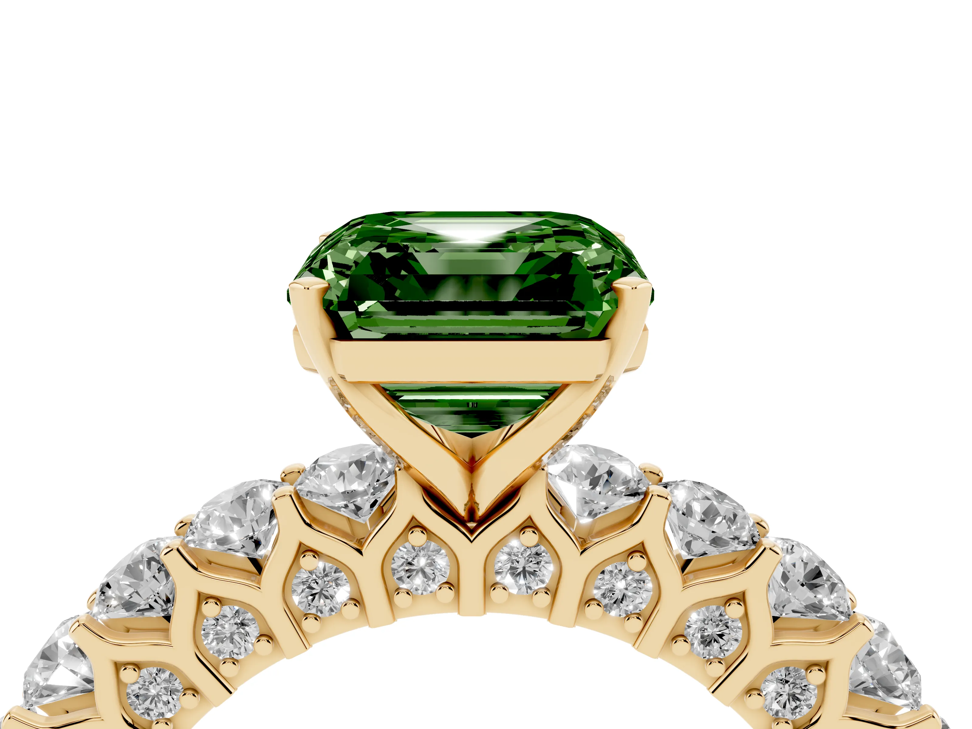 Fancy Green Asscher Cut Diamond Solitaire Ring Set in Yellow gold with Shared Prong Pavé Band