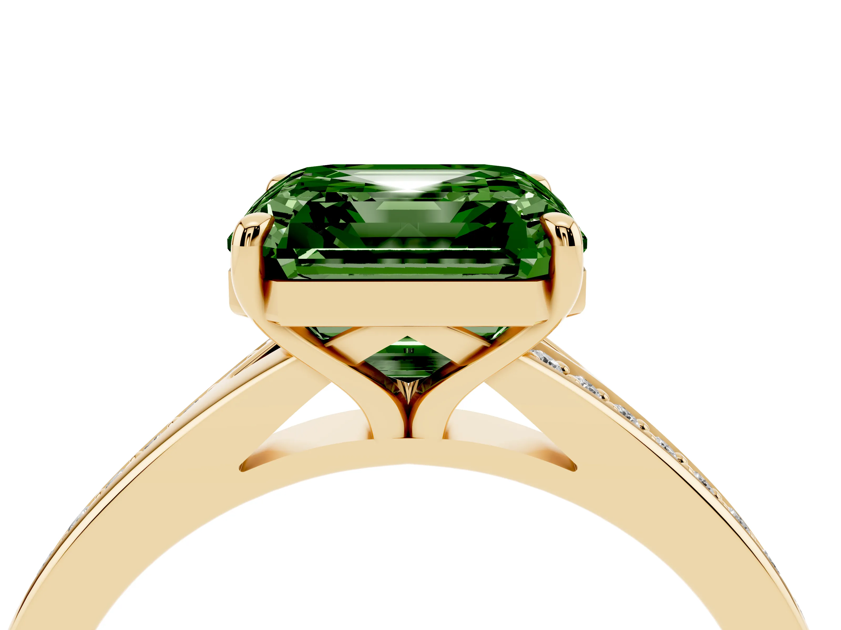 Fancy Green Asscher Cut Diamond Solitaire Ring Set in Yellow gold with Pavé Accent Band and Classic Prong Setting