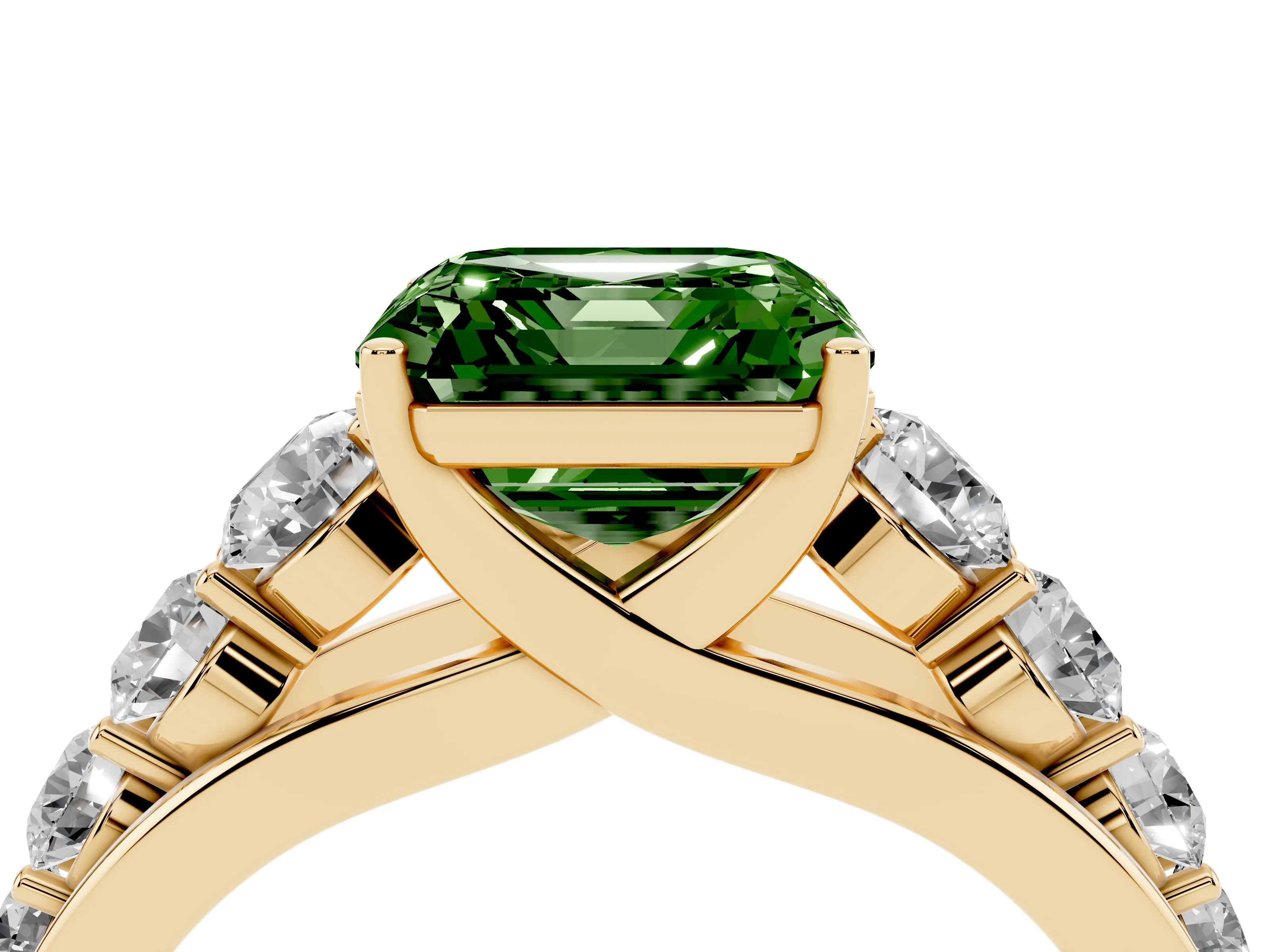 Fancy Green Asscher Cut Diamond Solitaire Ring Set in Yellow gold with Pavé-Set Band and Prong Setting
