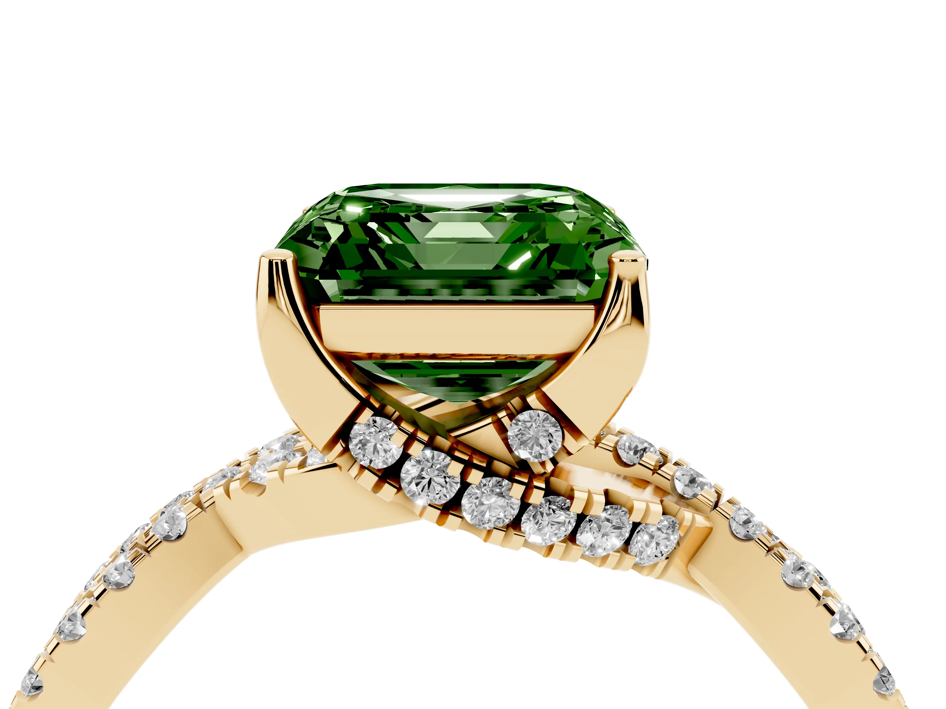 Fancy Green Asscher Cut Diamond Twist Pavé Solitaire Engagement Ring Set in Yellow gold with Prong Setting