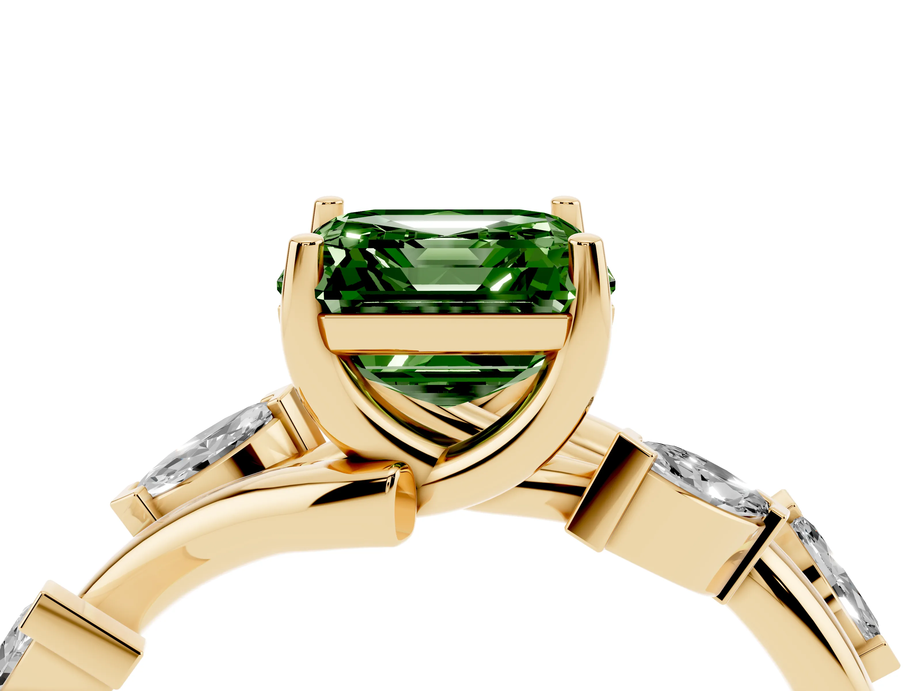 Fancy Green Asscher Cut Diamond Solitaire Ring Set in Yellow gold with Twisted Marquise Accent Band