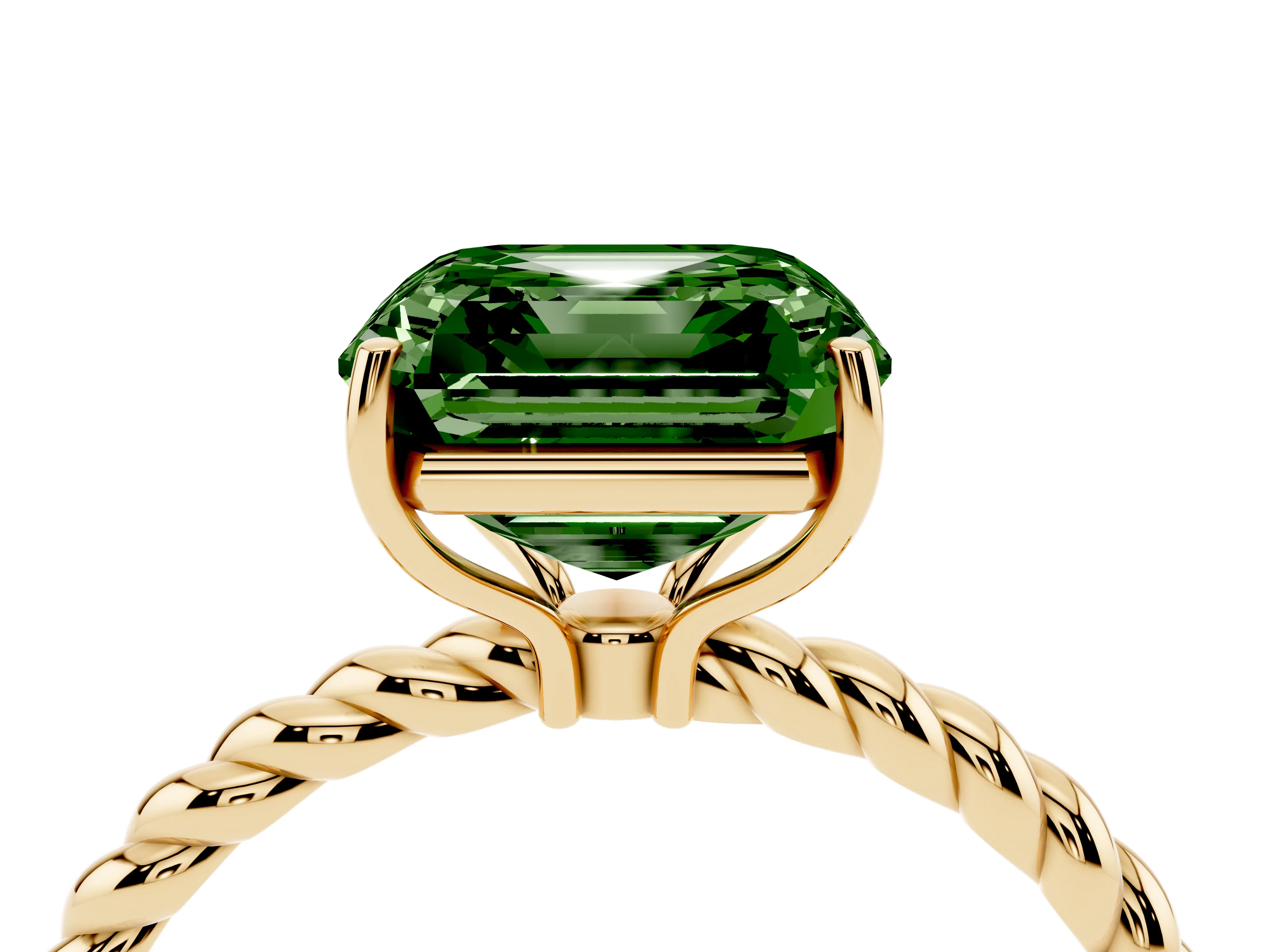 Fancy Green Asscher Cut Diamond Solitaire Ring Set in Yellow gold with Twist Band and Prong Setting