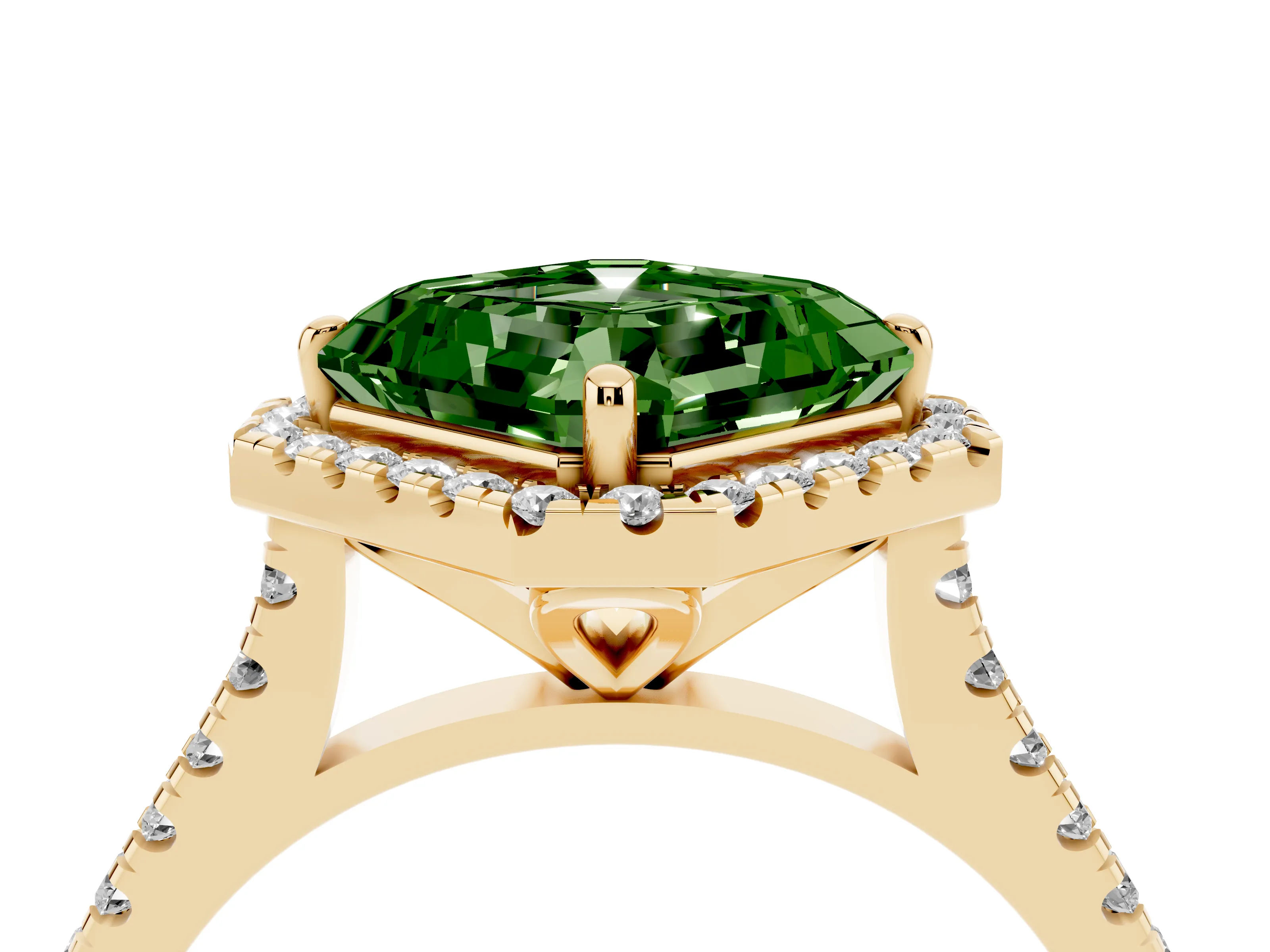 Fancy Green Asscher Cut Diamond Cushion Halo Ring Set in Yellow gold with Pavé Band