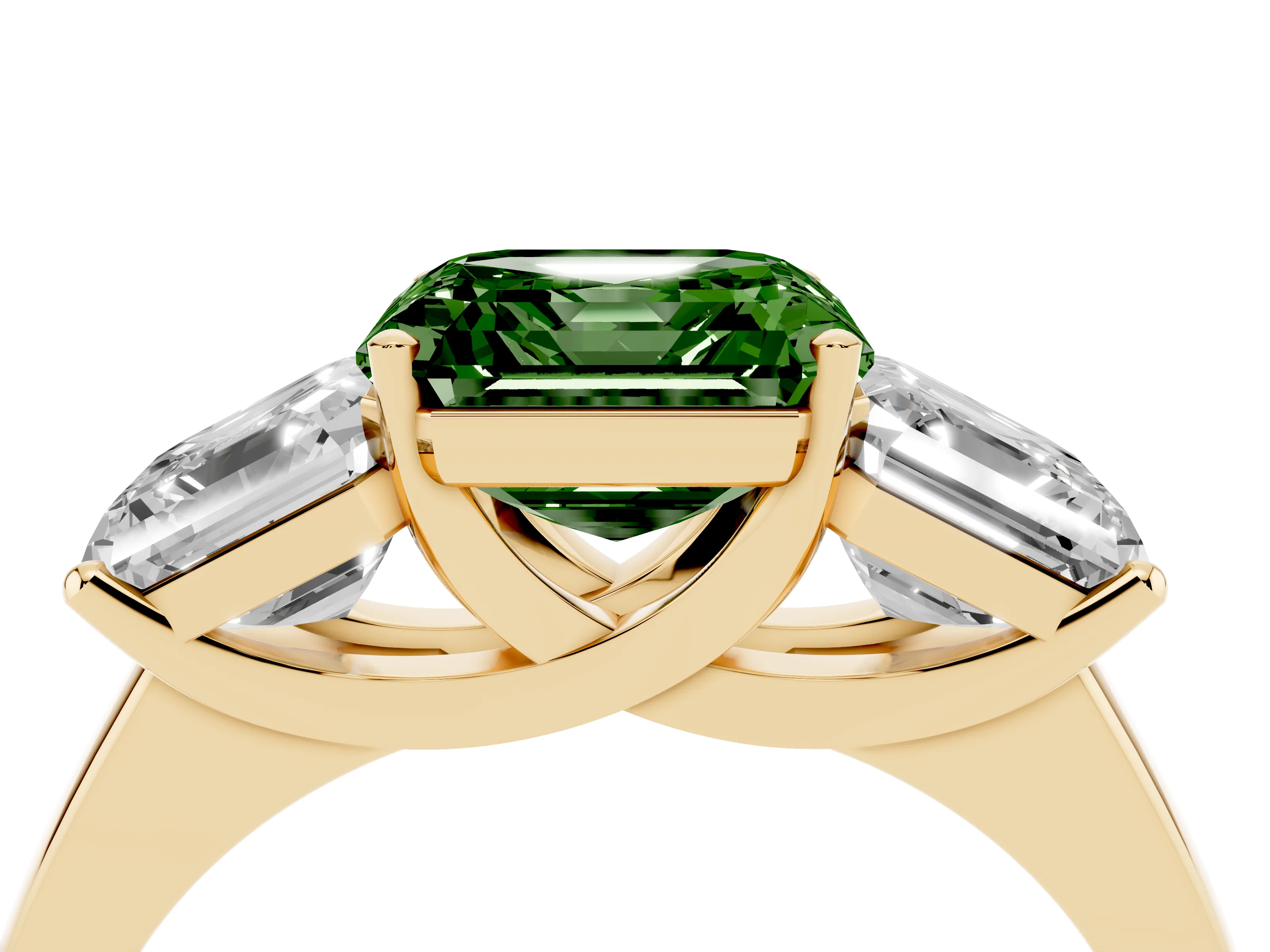 Fancy Green Asscher Cut Diamond Three-Stone Ring Set in Yellow gold with Classic Prong Setting and Plain Band