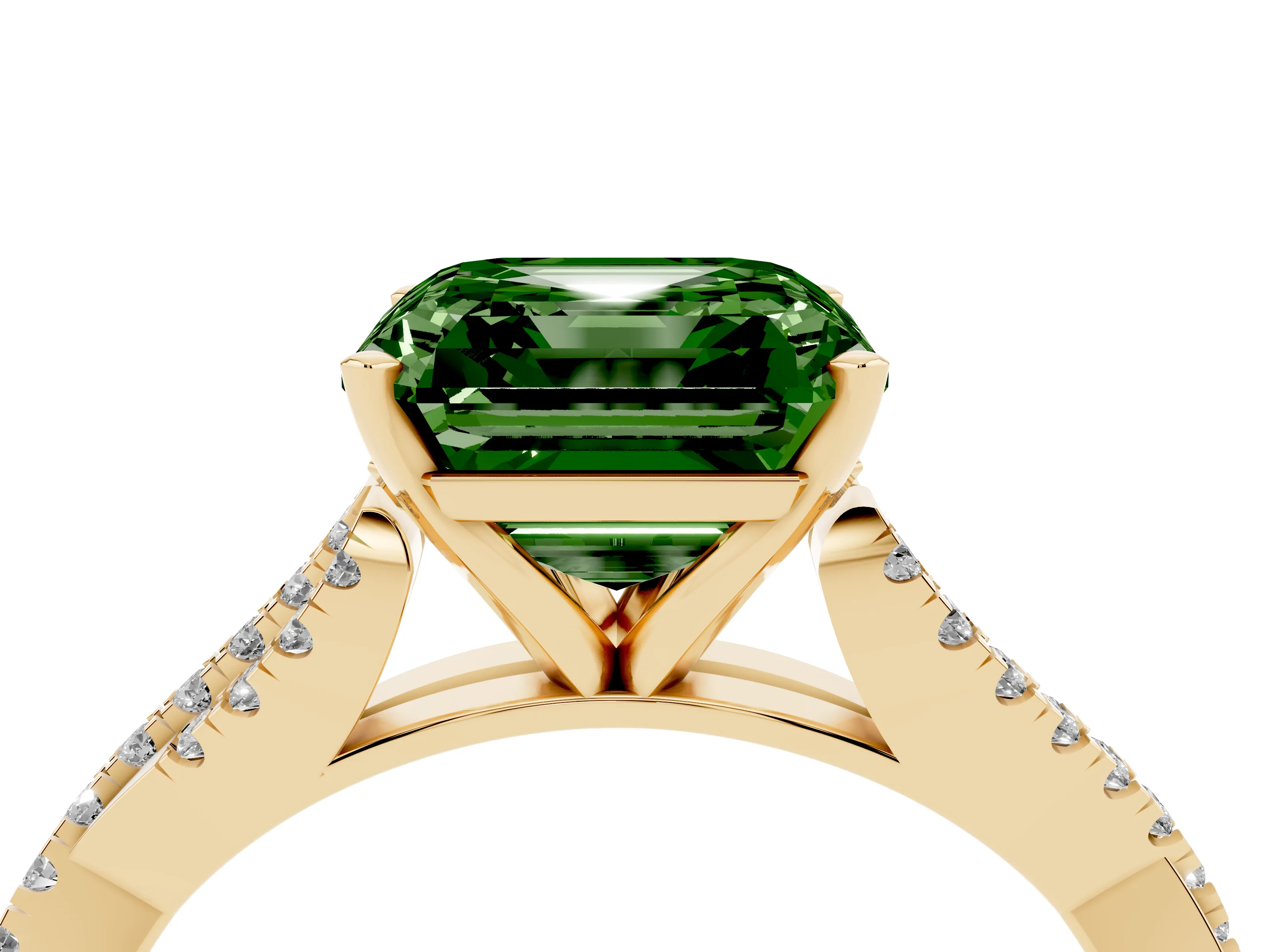 Fancy Green Asscher Cut Diamond Solitaire Engagement Ring Set in Yellow gold with Twisted Pavé Band and Prong Setting