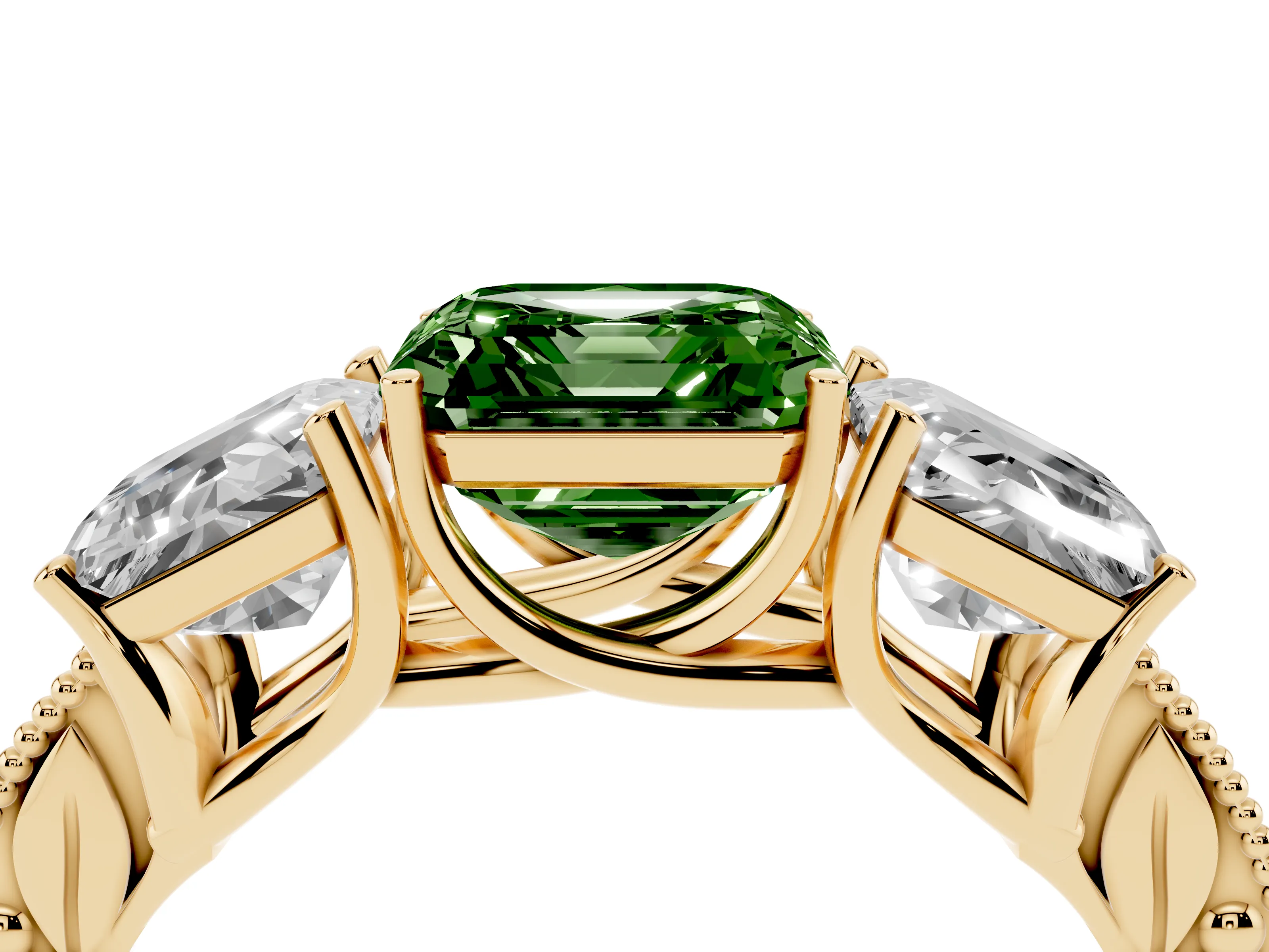 Fancy Green Asscher Cut Diamond Three-Stone Engagement Ring Set in Yellow gold with Milgrain Pavé Band