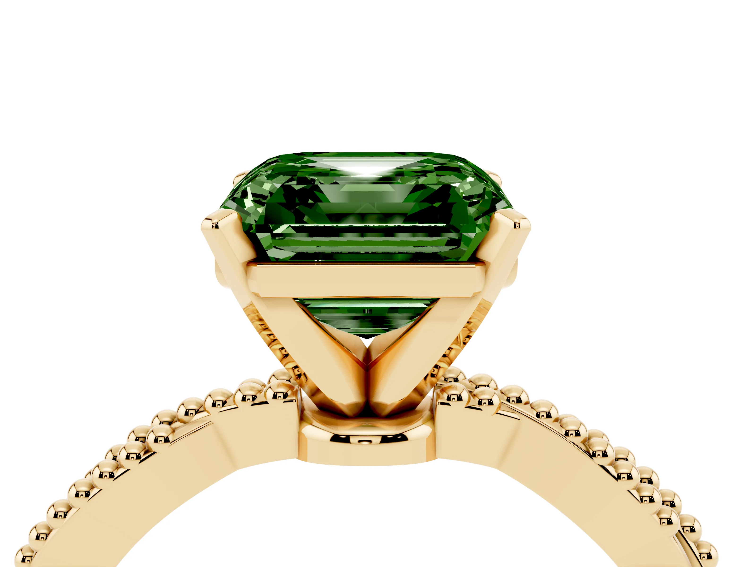 Fancy Green Asscher Cut Diamond Solitaire Ring Set in Yellow gold with Twisted Band and Bead Prong Setting