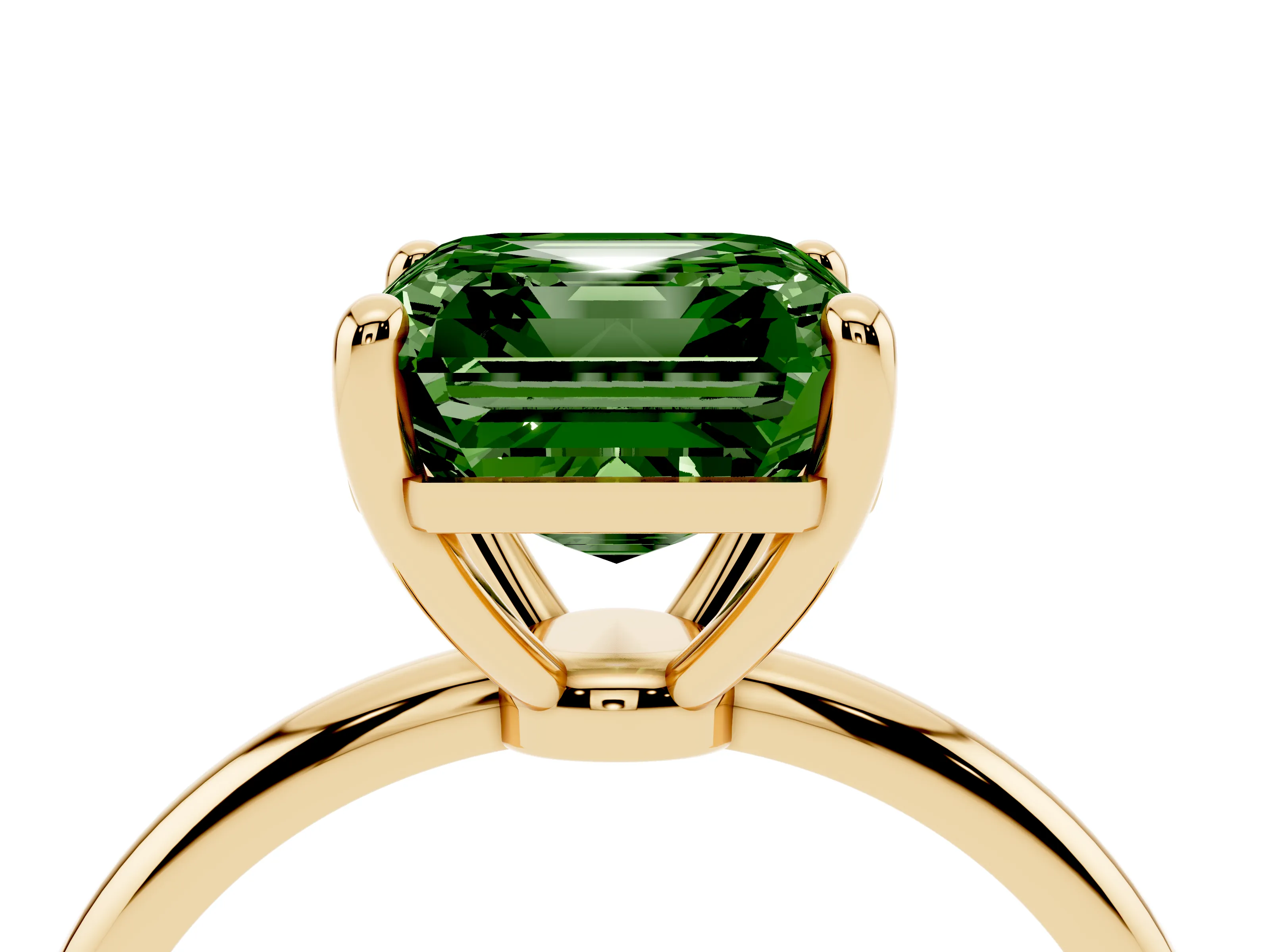 Fancy Green Asscher Cut Diamond Solitaire Ring Set in Yellow gold with Secure Prong Setting on a Classic Band