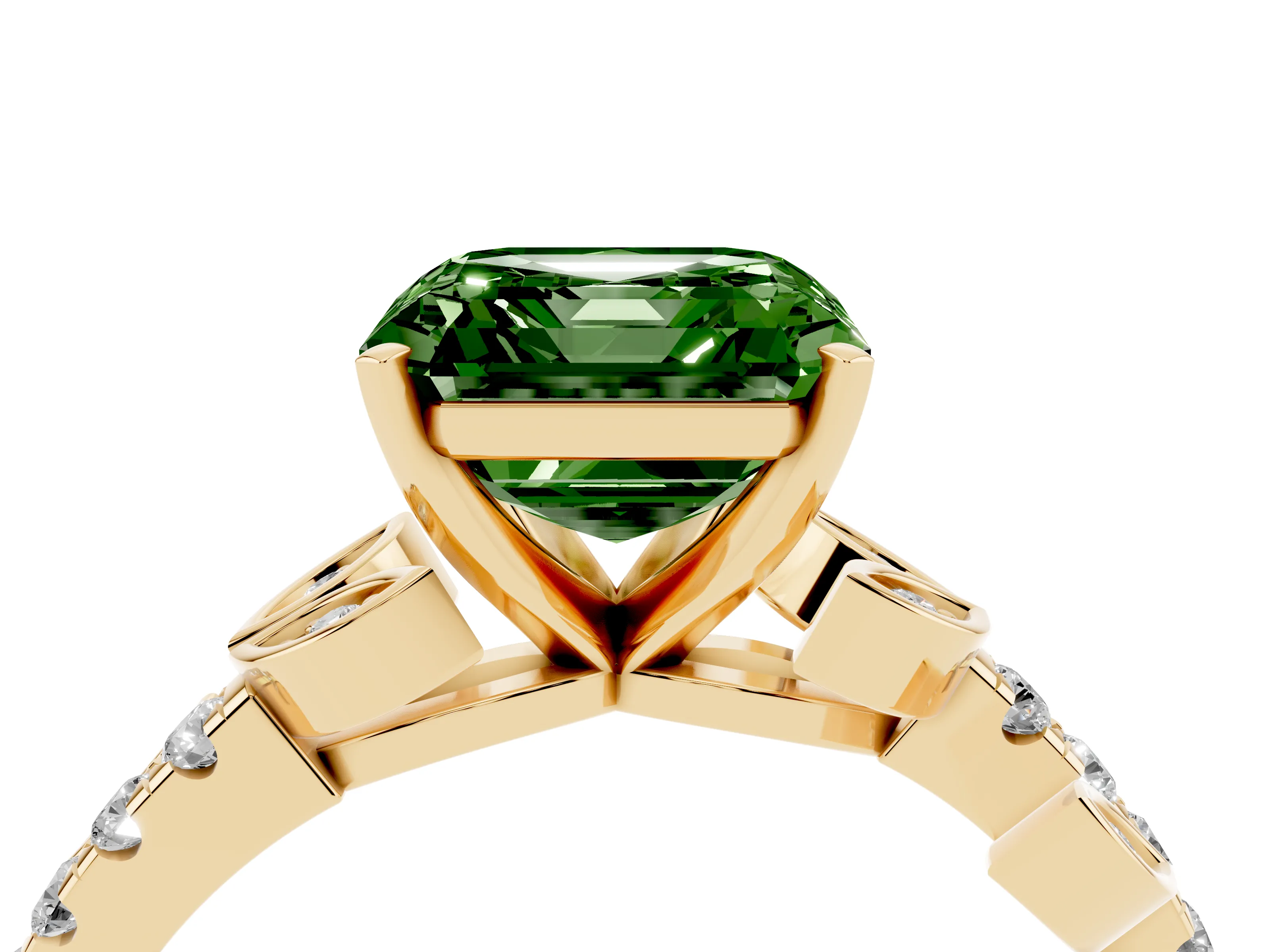 Fancy Green Asscher Cut Diamond Solitaire Leaf-Inspired Ring Set in Yellow gold with Pavé Band and Prong Setting