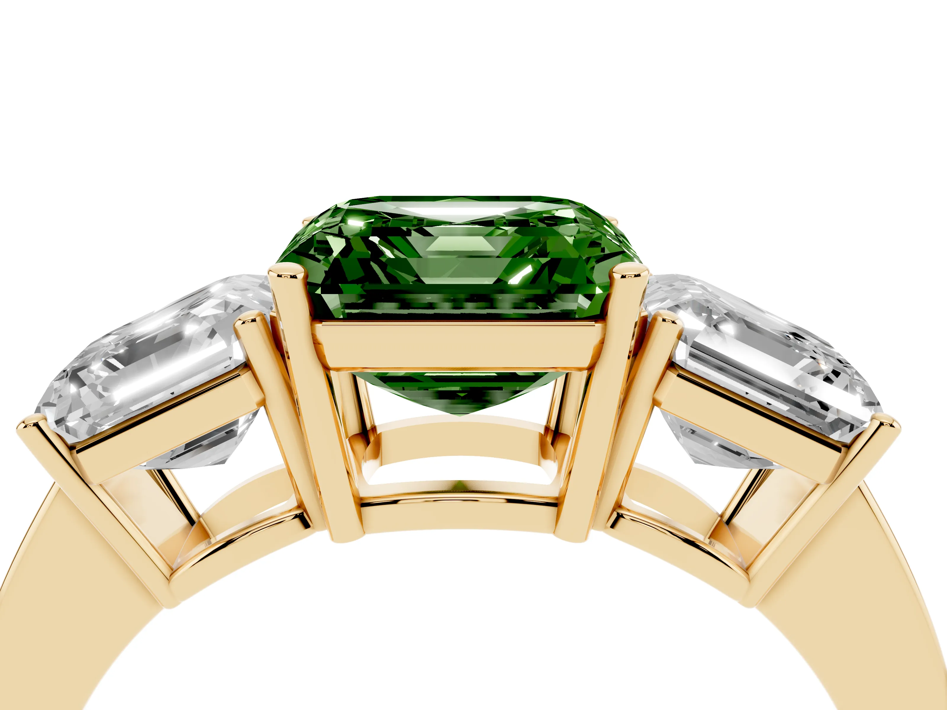Fancy Green Asscher Cut Diamond Three-Stone Engagement Ring Set in Yellow gold with Flat Band