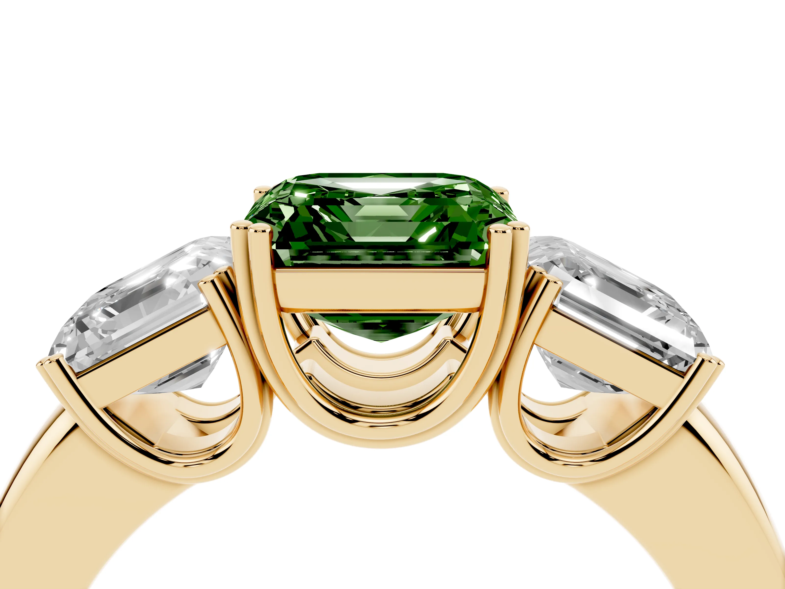 Fancy Green Asscher Cut Diamond Three-Stone Ring Set in Yellow gold with Polished Band and Prong Setting