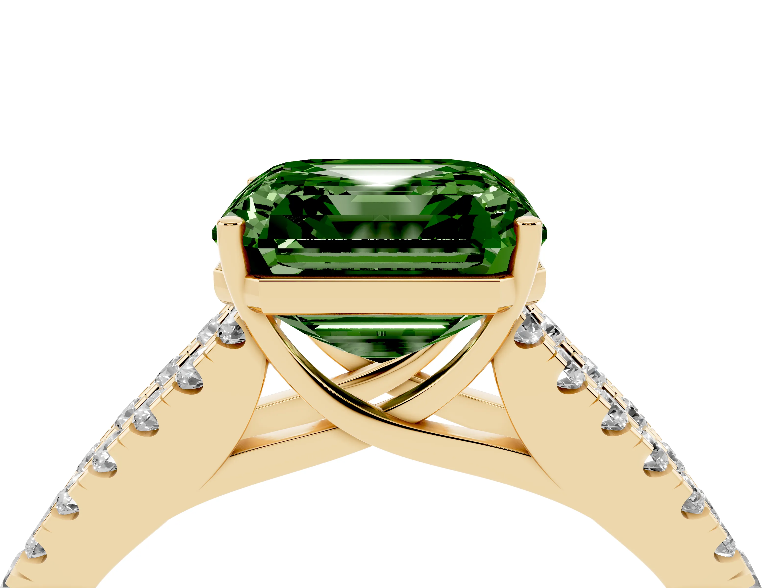 Fancy Green Asscher Cut Diamond Split Shank Engagement Ring Set in Yellow gold with Round Pavé and Prong Setting