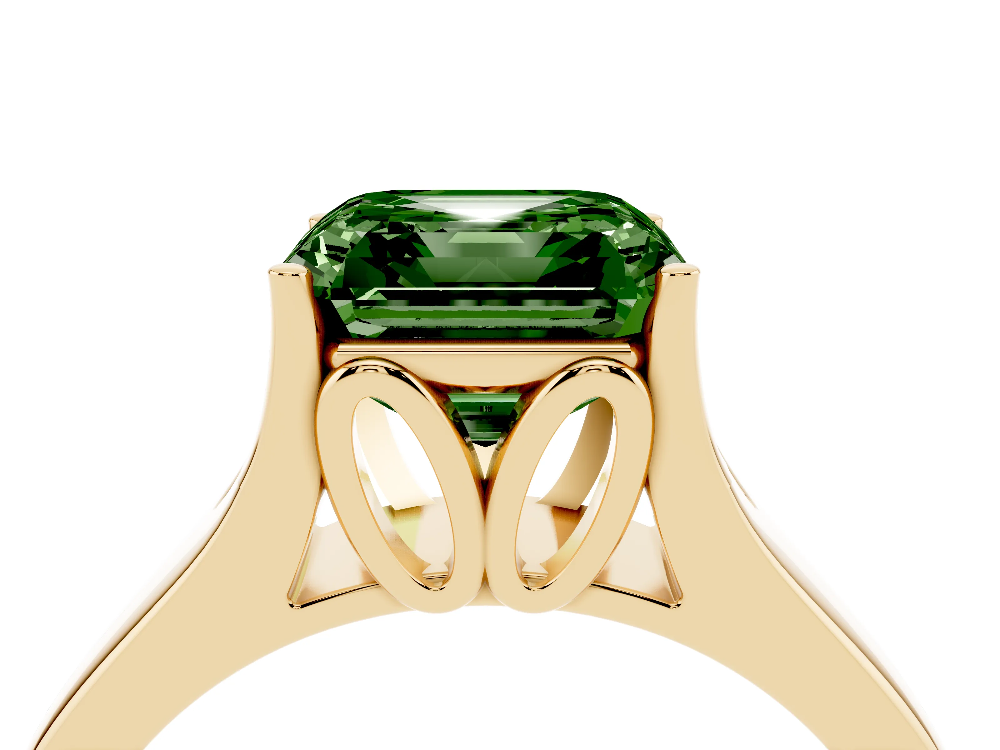 Fancy Green Asscher Cut Diamond Solitaire Ring Set in Yellow gold with Arched Cathedral Band and Prong Setting