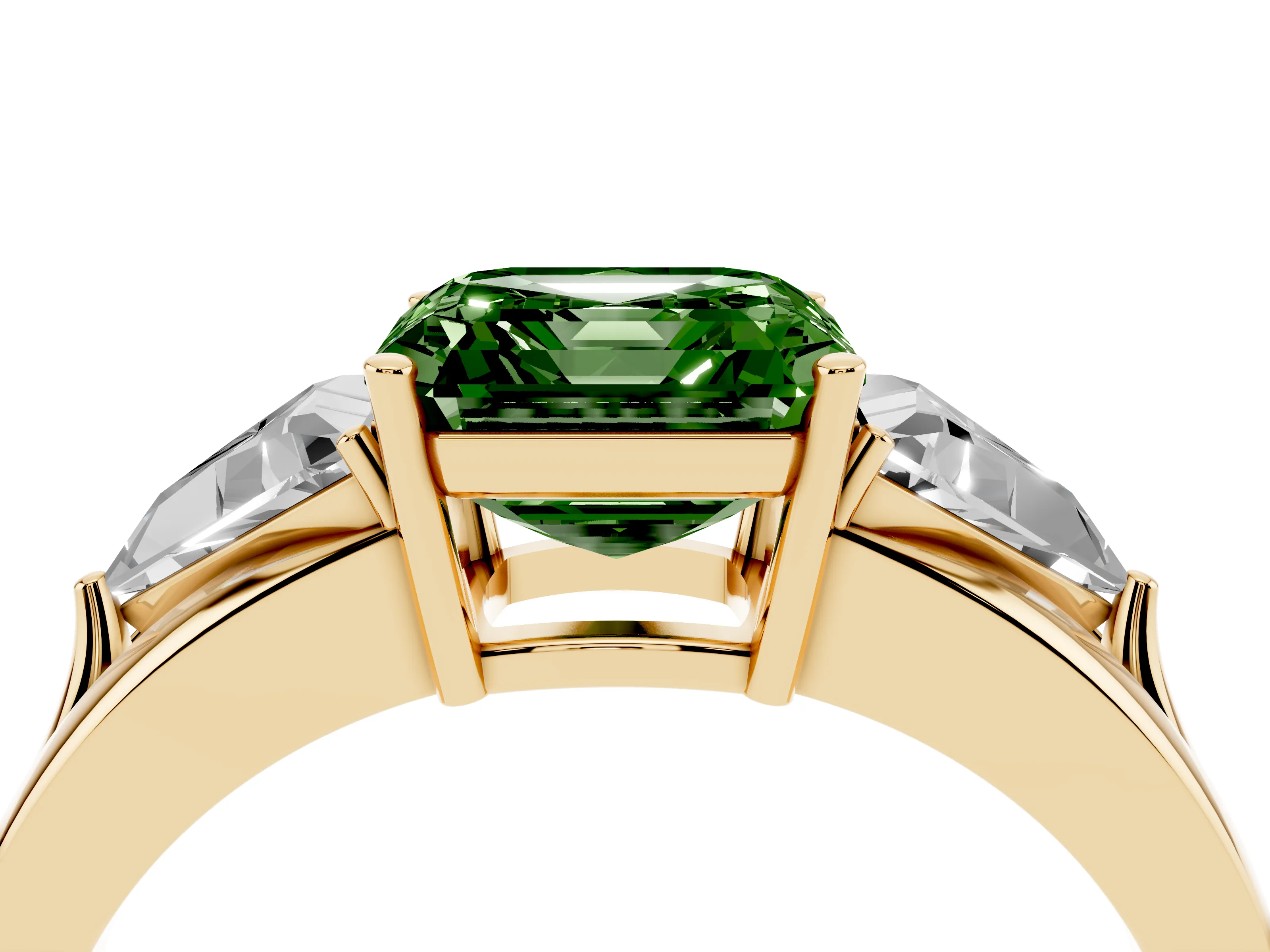 Fancy Green Asscher Cut Diamond Three-Stone Ring Set in Yellow gold with Trillion Side Stones and Split Shank
