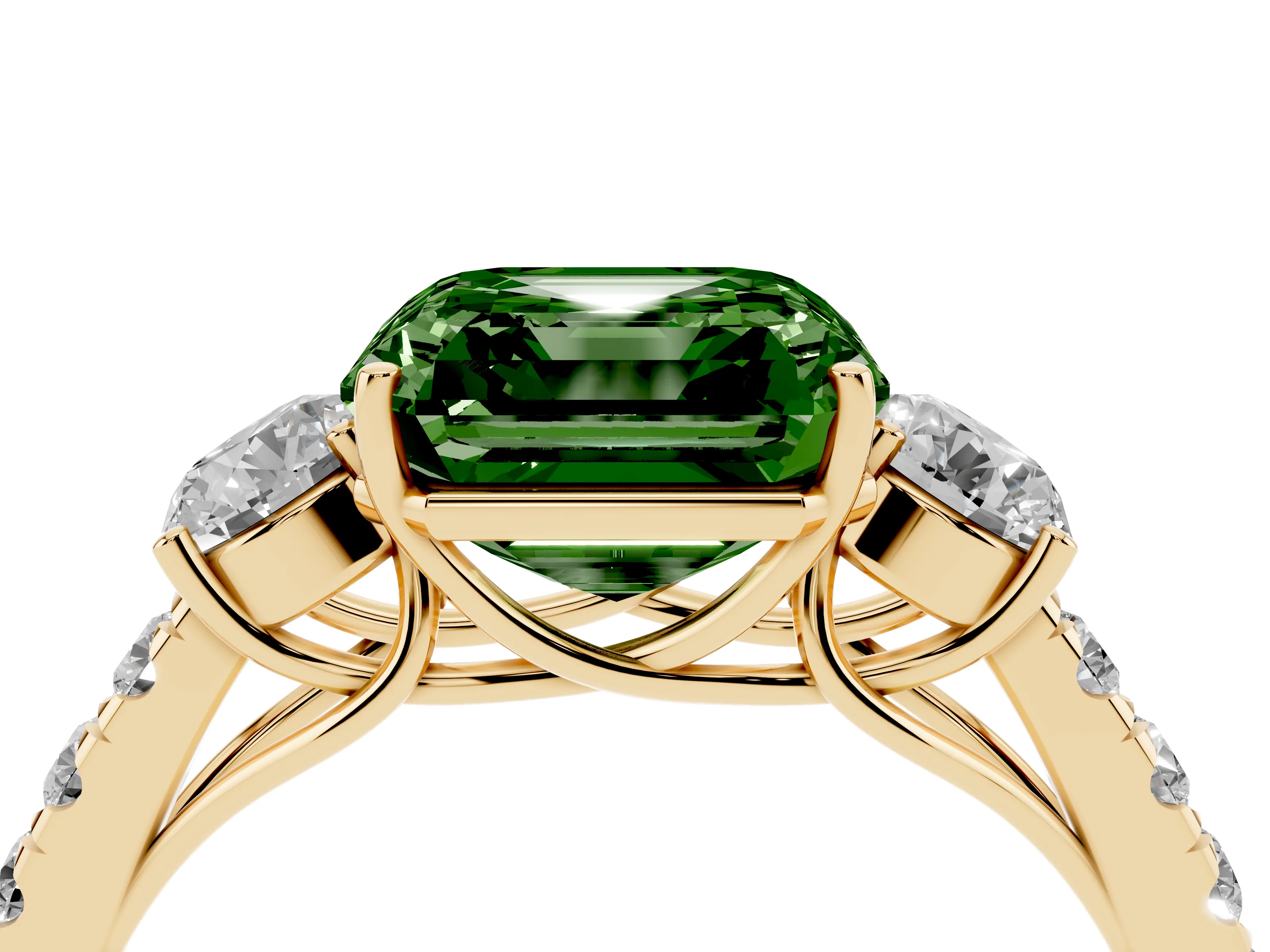 Fancy Green Asscher Cut Diamond Three-Stone Ring Set in Yellow gold with Round Side Stones and Delicate Pavé Band