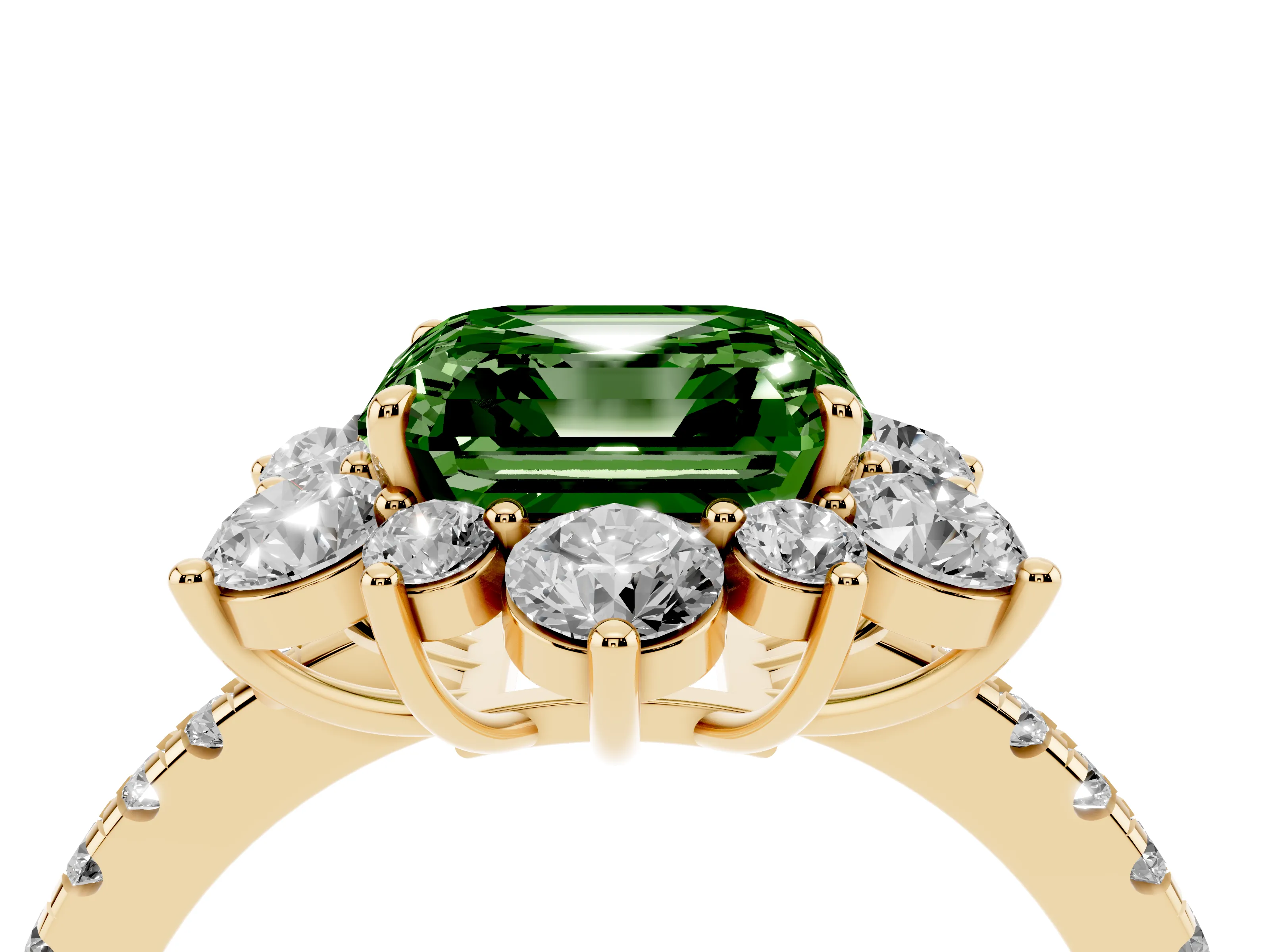 Fancy Green Asscher Cut Diamond Floral Halo Ring Set in Yellow gold with Round Pavé Band and Prong Setting