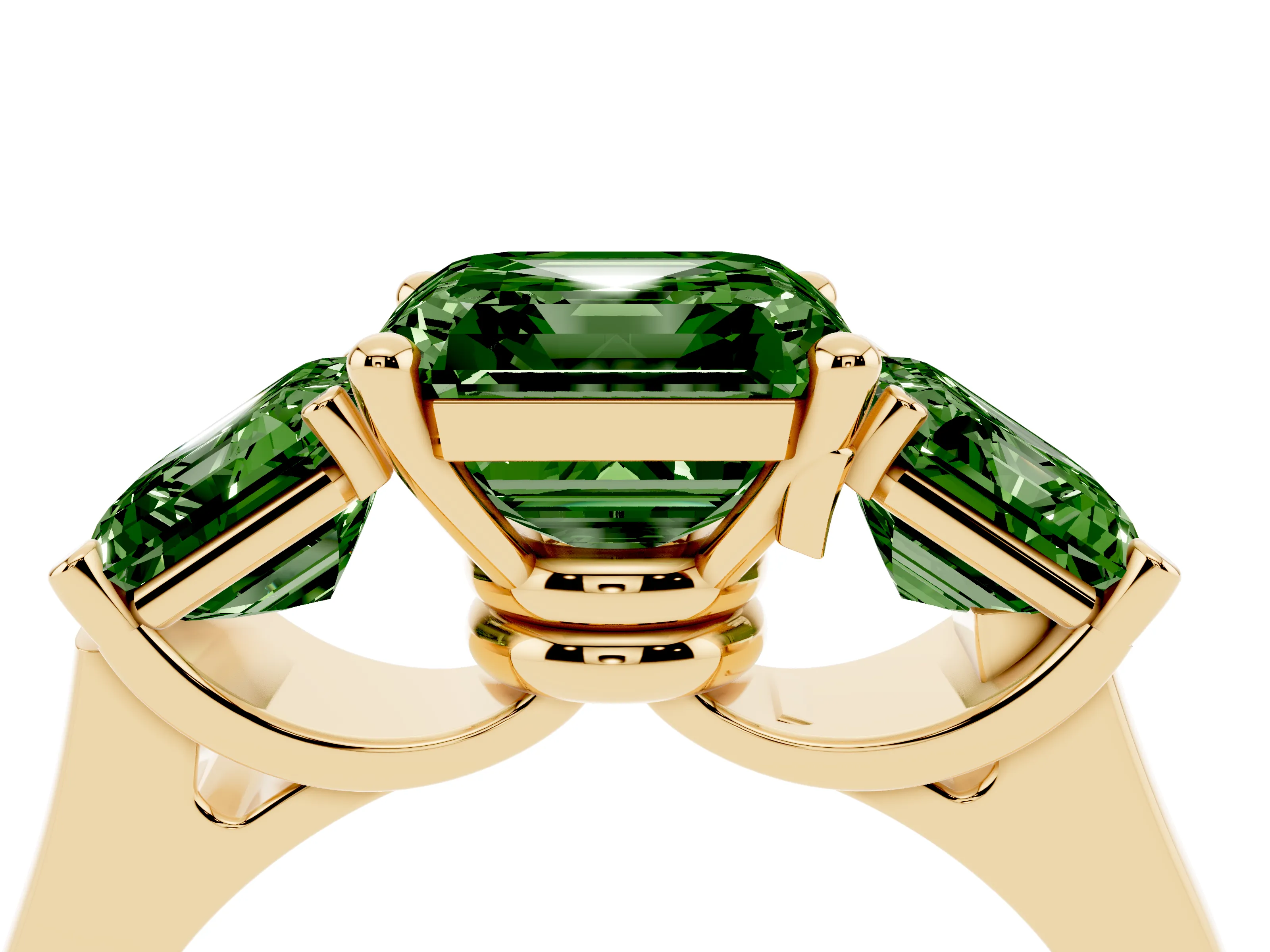 Fancy Green Asscher Cut Diamond Three-Stone Trellis Ring Set in Yellow gold with Comfort Fit Band