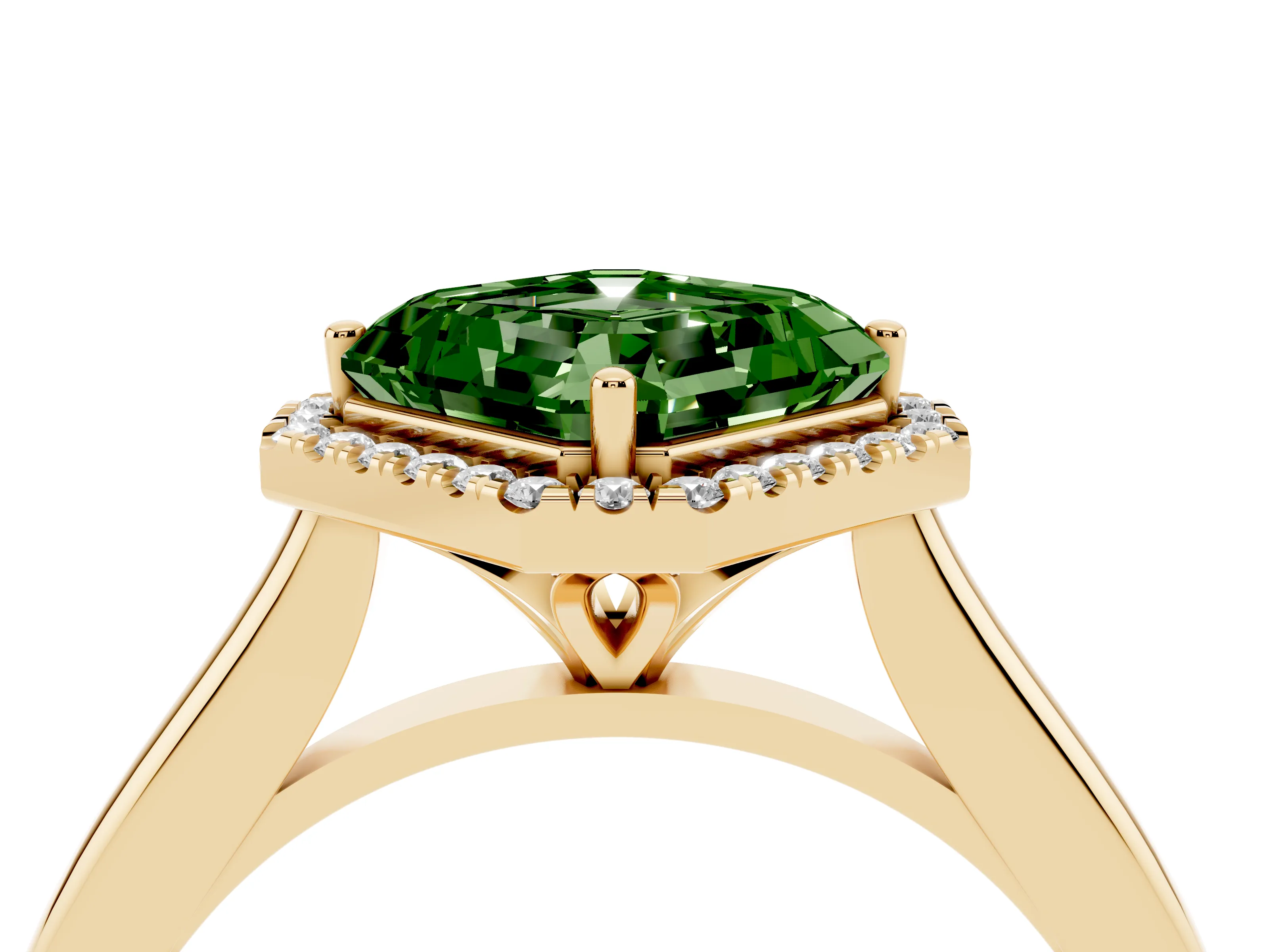 Fancy Green Asscher Cut Diamond Halo Engagement Ring Set in Yellow gold with Pavé Band and Rising Shoulders