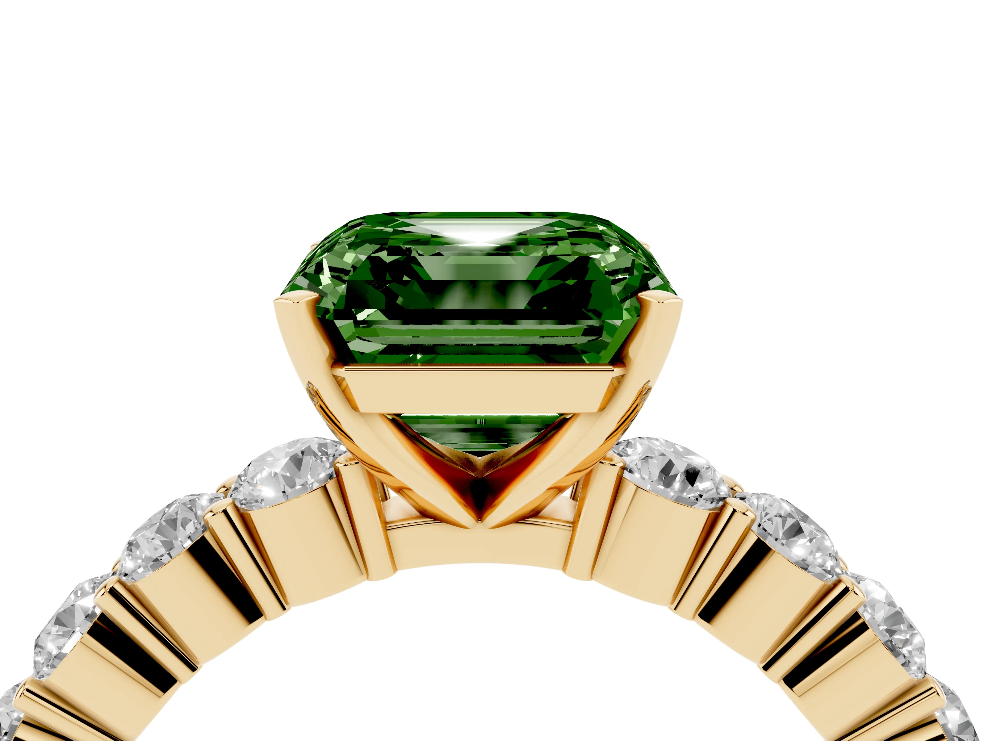 Fancy Green Asscher Cut Diamond Solitaire Ring Set in Yellow gold with Shared Prong Round Side Stones
