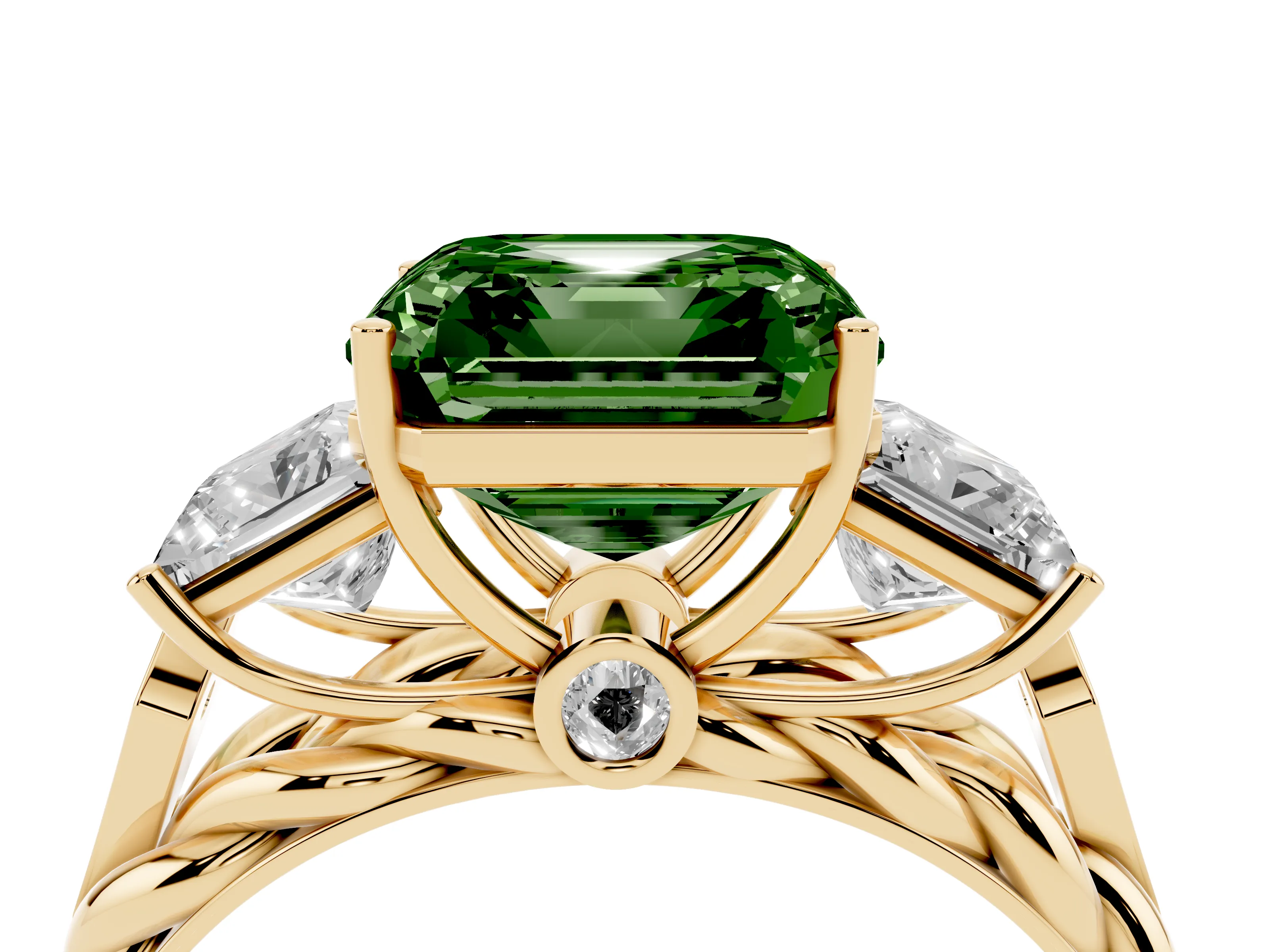 Fancy Green Asscher Cut Diamond Three-Stone Ring Set in Yellow gold with Braided Band