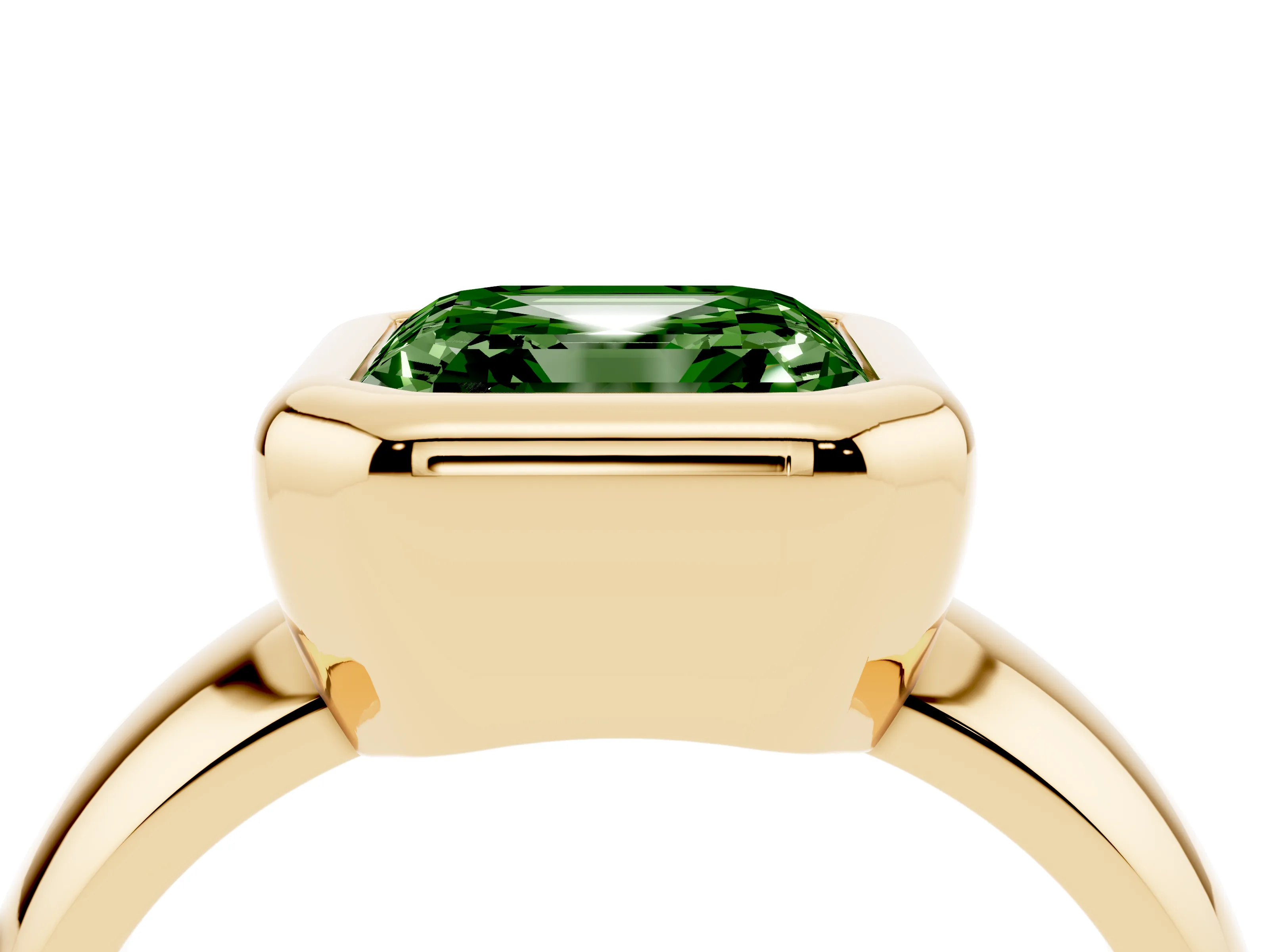 Fancy Green Bezel Set Asscher Cut Diamond Solitaire Ring Set in Yellow gold with Wide Band