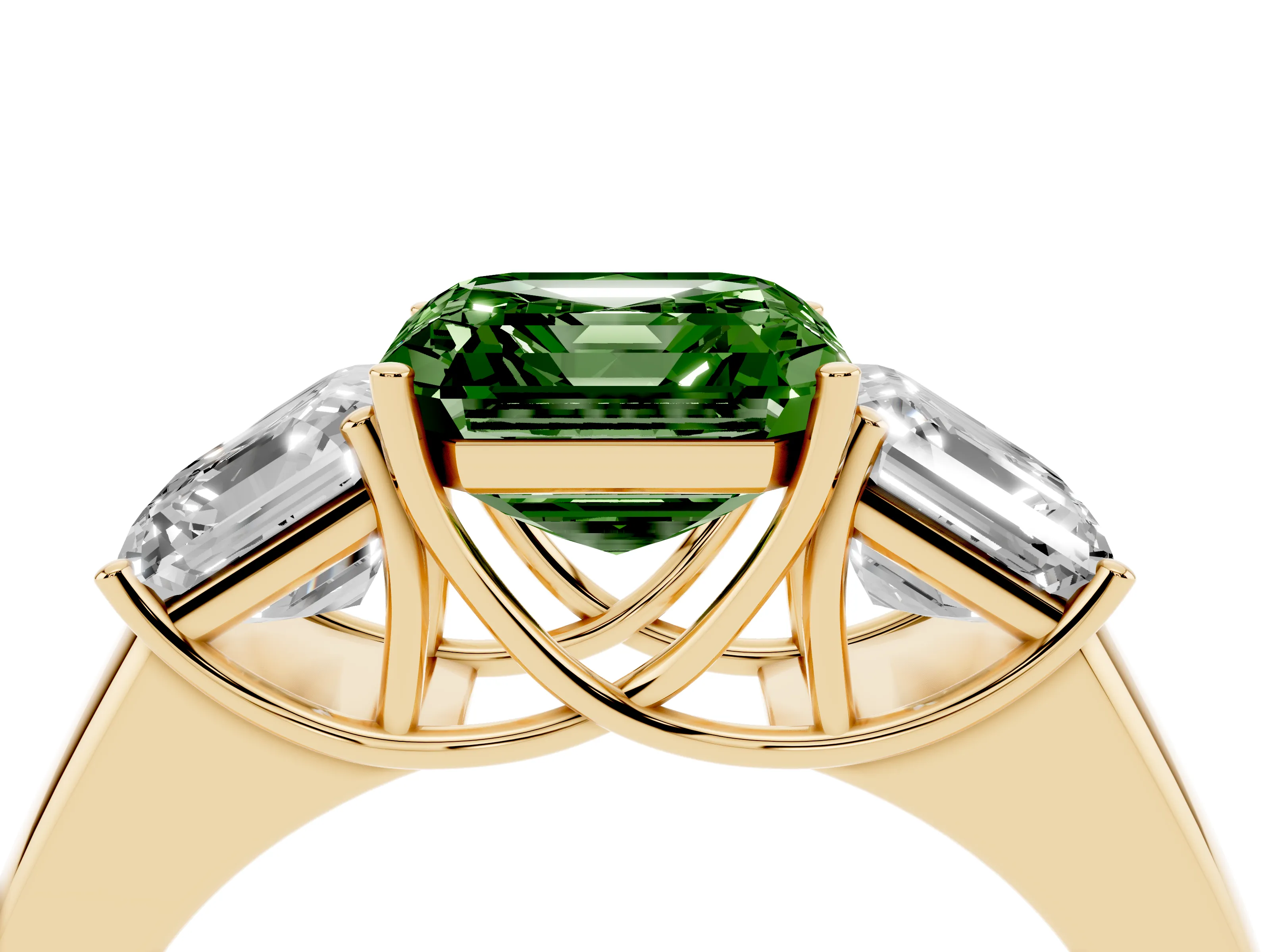 Fancy Green Three-Stone Asscher Cut Diamond Ring Set in Yellow gold with Matching Prong Settings and Plain Band