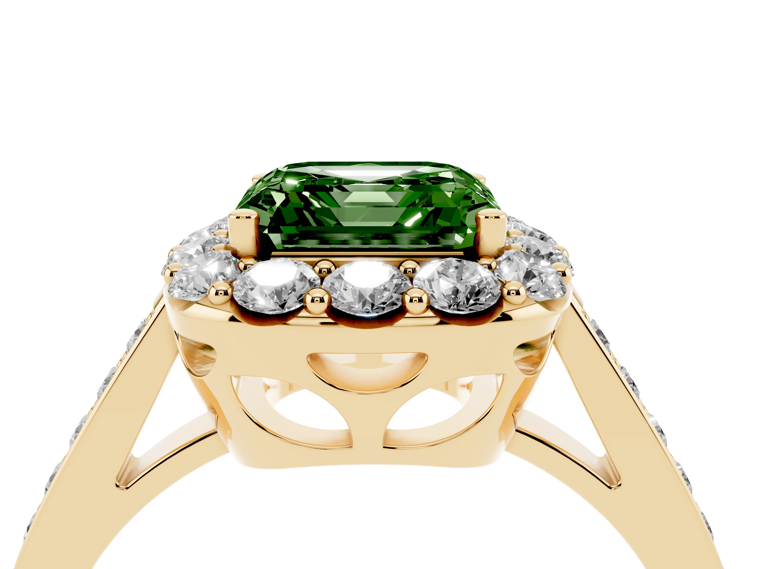 Fancy Green Asscher Cut Diamond Floral Halo Ring Set in Yellow gold with Pavé Band and Prong Setting