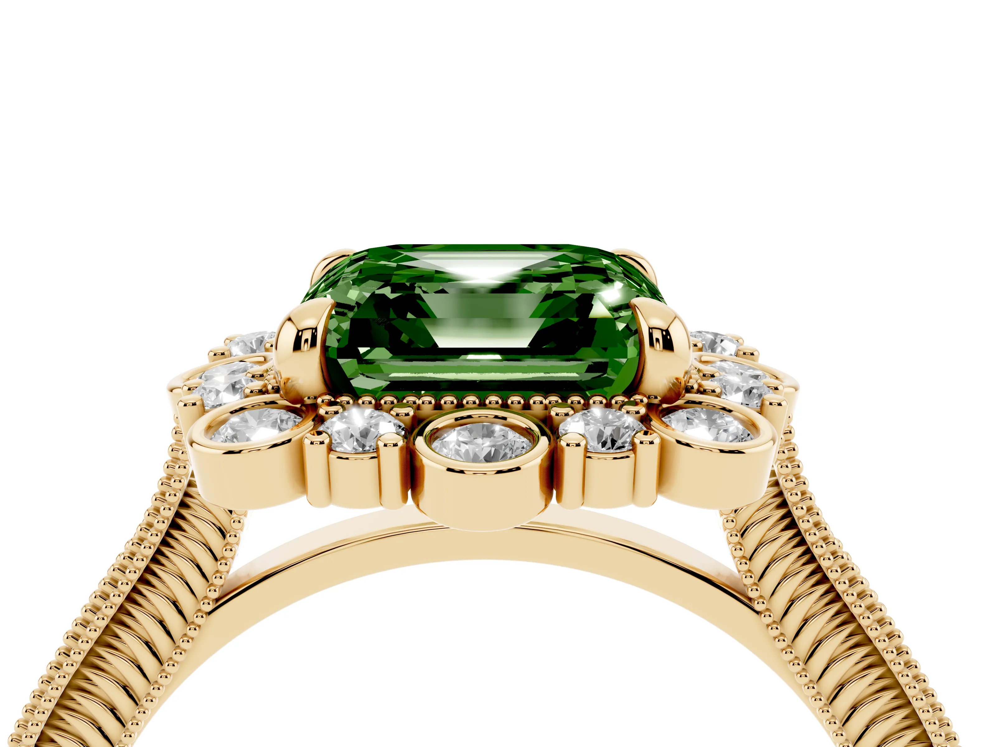 Fancy Green Asscher Cut Diamond Halo Milgrain Pavé Ring Set in Yellow gold with Prong Setting