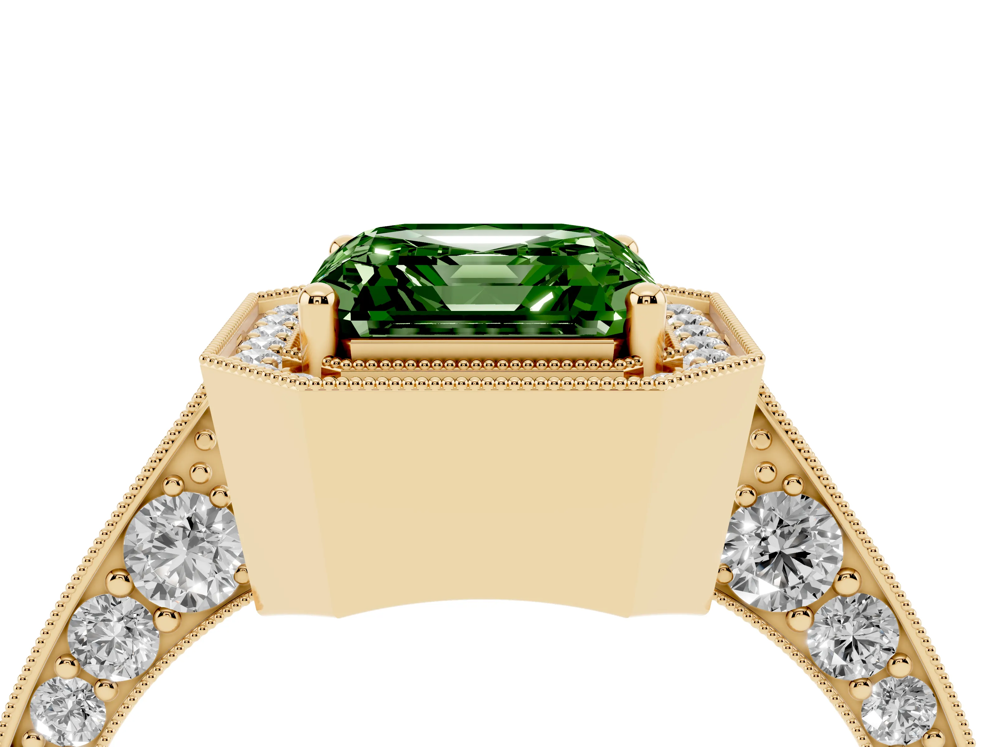 Fancy Green Asscher Cut Diamond Halo Engagement Ring Set in Yellow gold with Accent Split Shank Band